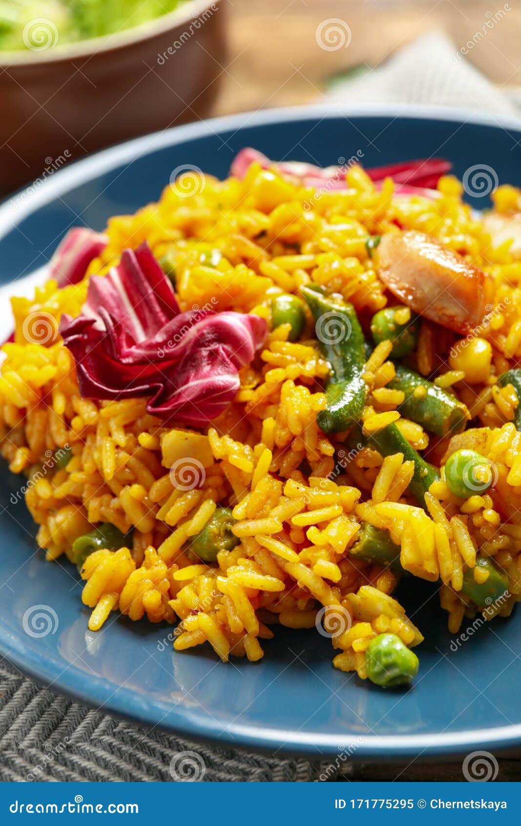 Delicious Rice Pilaf with Chicken and Vegetables on Plate Stock Image