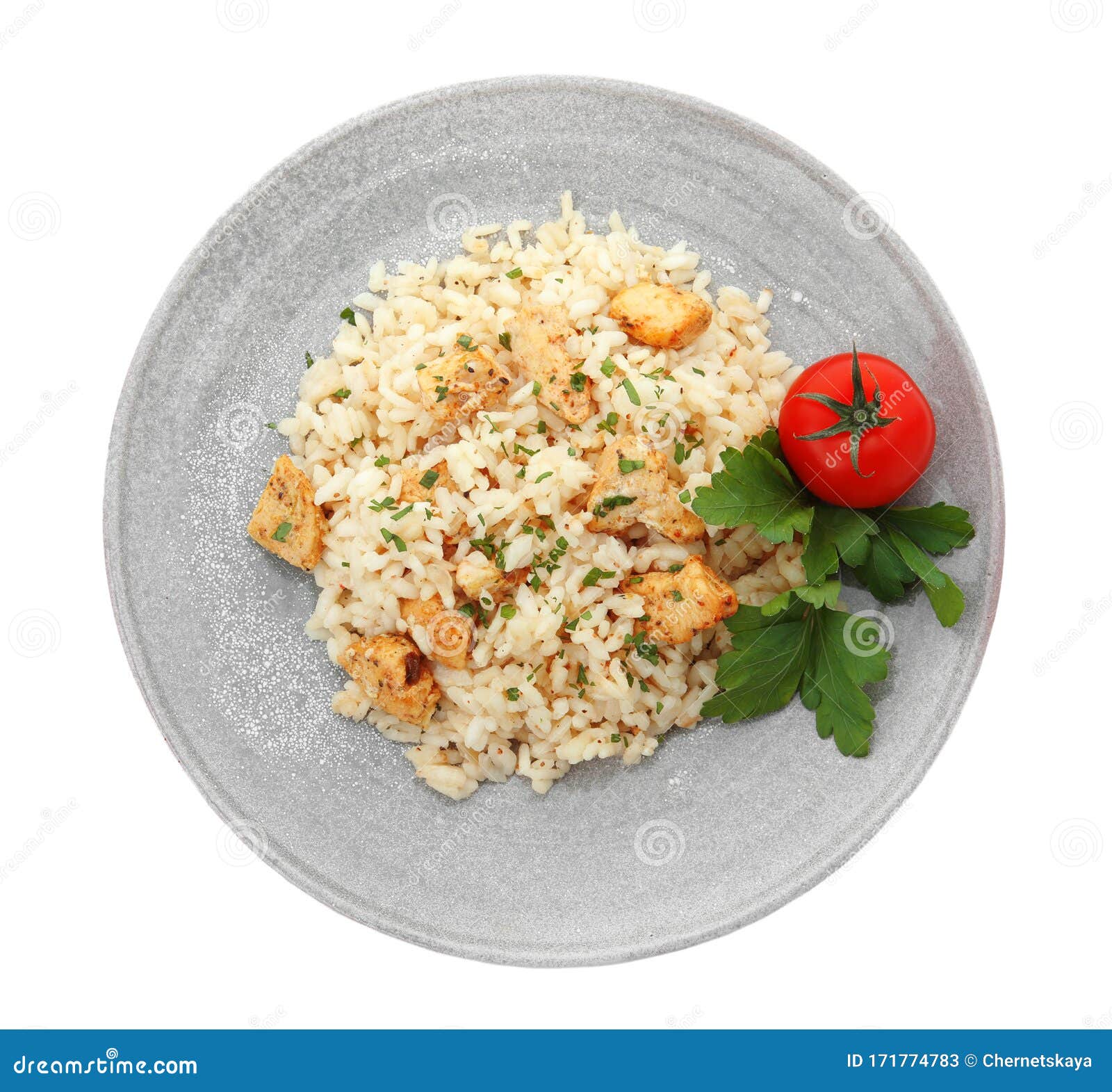 Delicious Risotto with Chicken Isolated on White, Top View Stock Image