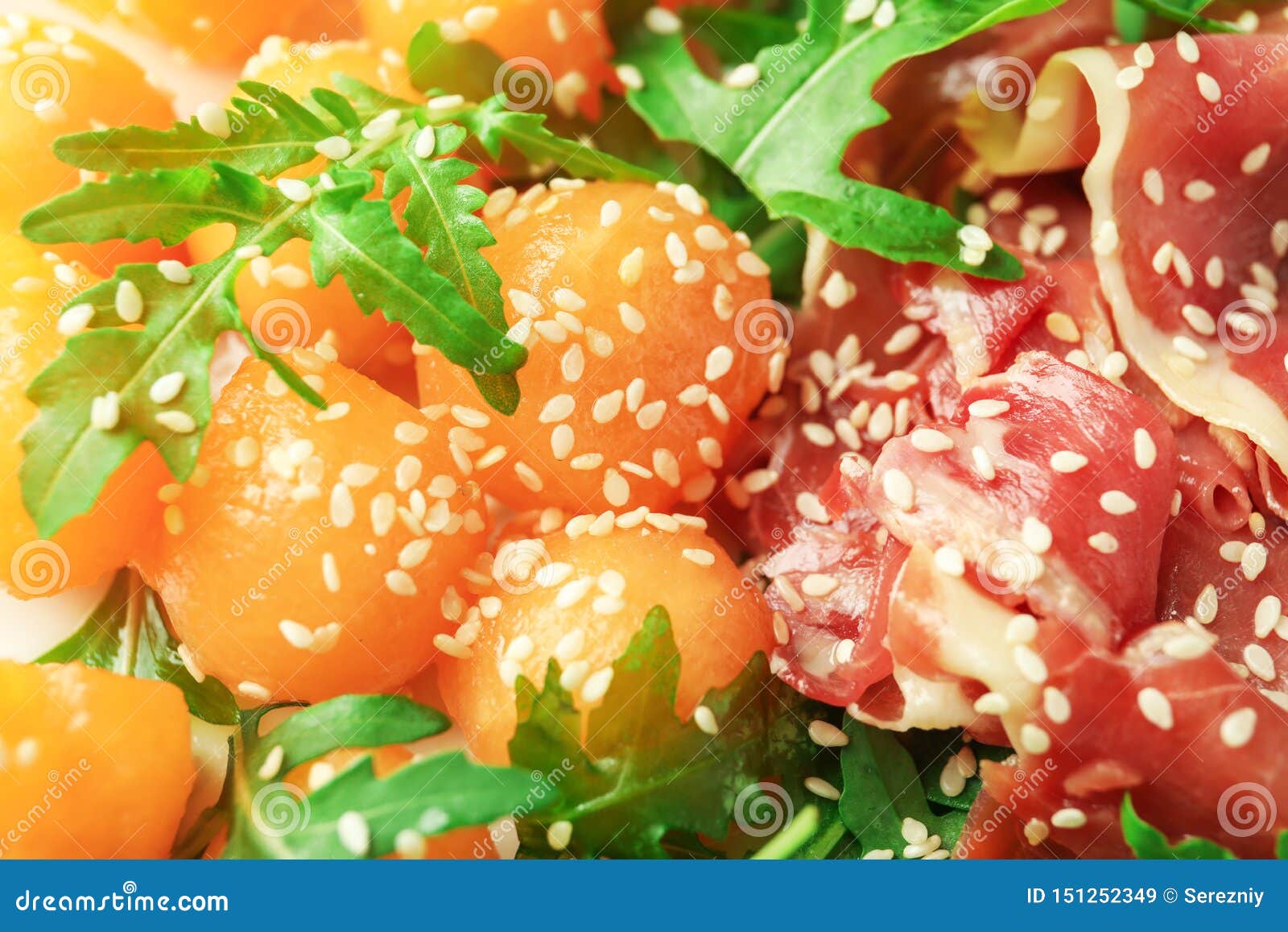 Delicious Salad with Melon Balls and Prosciutto, Closeup Stock Image