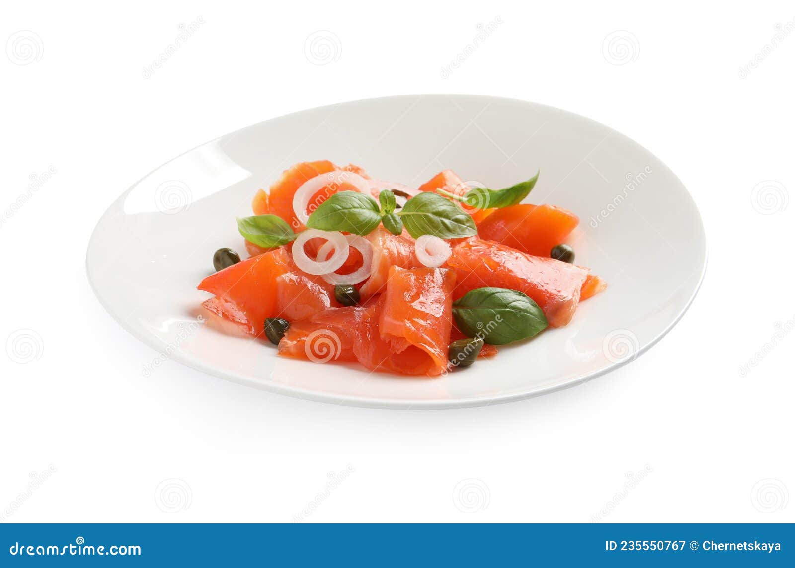 Delicious Salmon Carpaccio with Capers, Basil and Onion on White