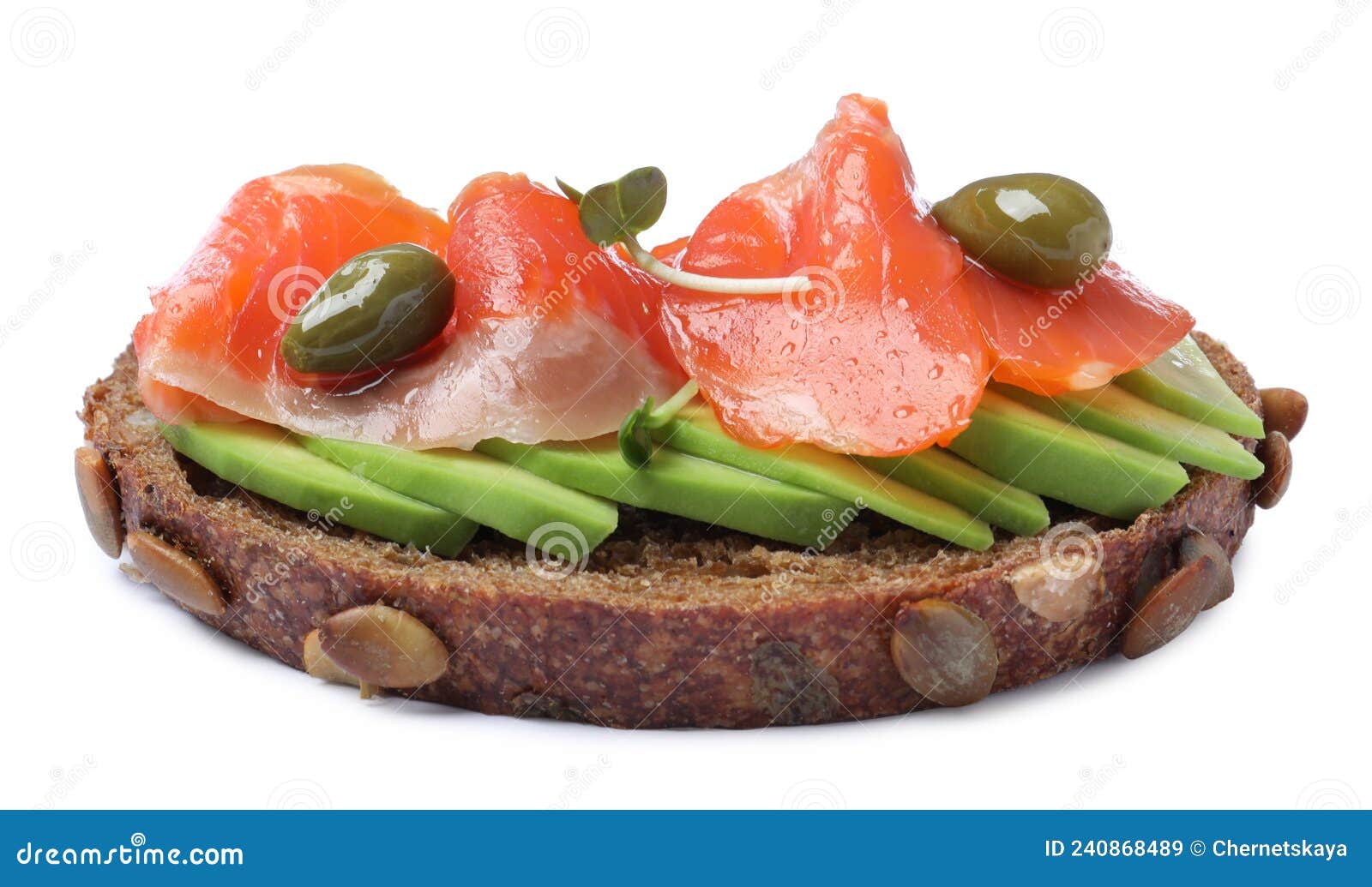 Delicious Sandwich with Salmon, Avocado and Capers Isolated on White