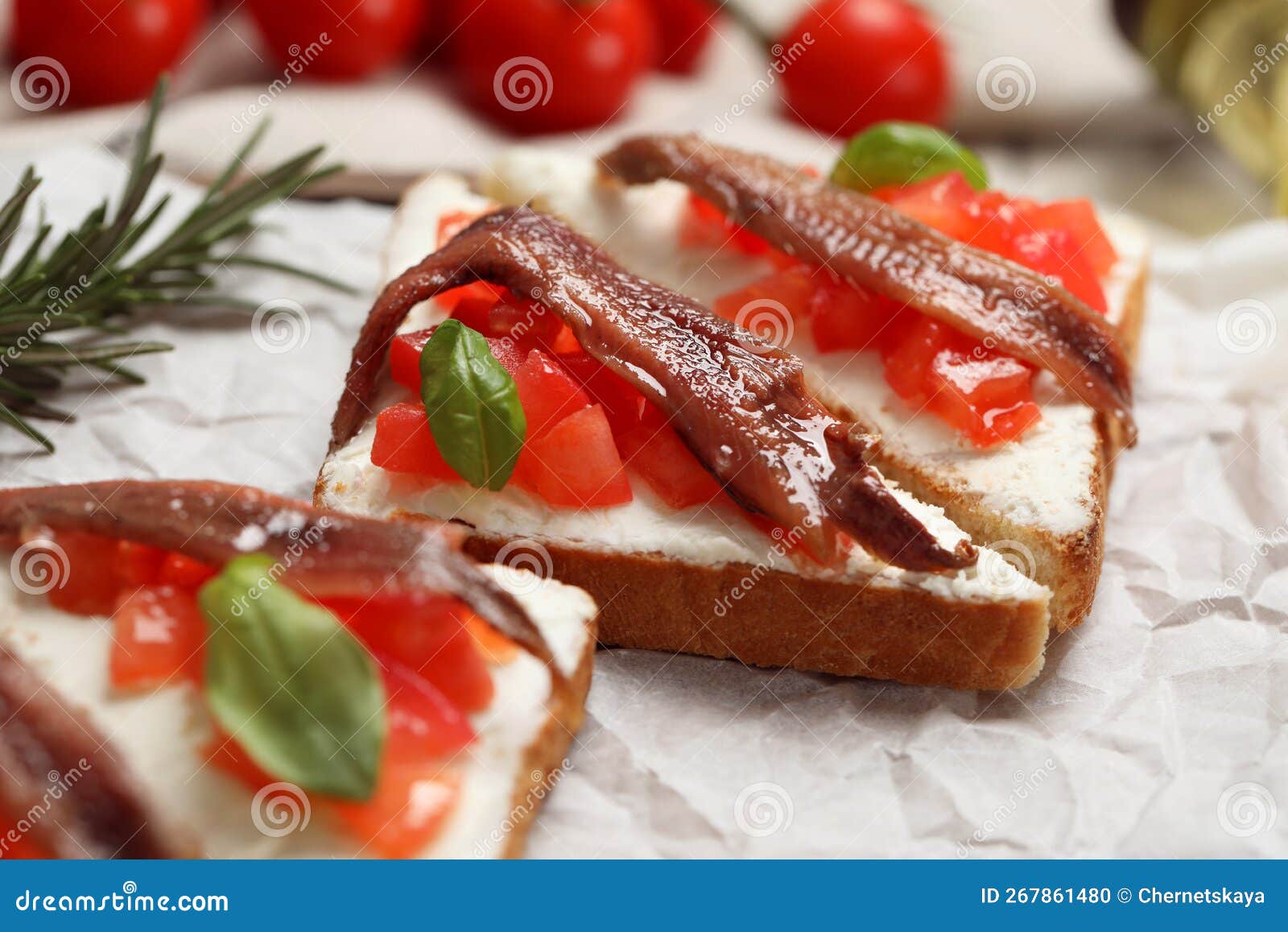 Delicious Sandwiches with Cream Cheese, Anchovies, Tomatoes and Basil ...