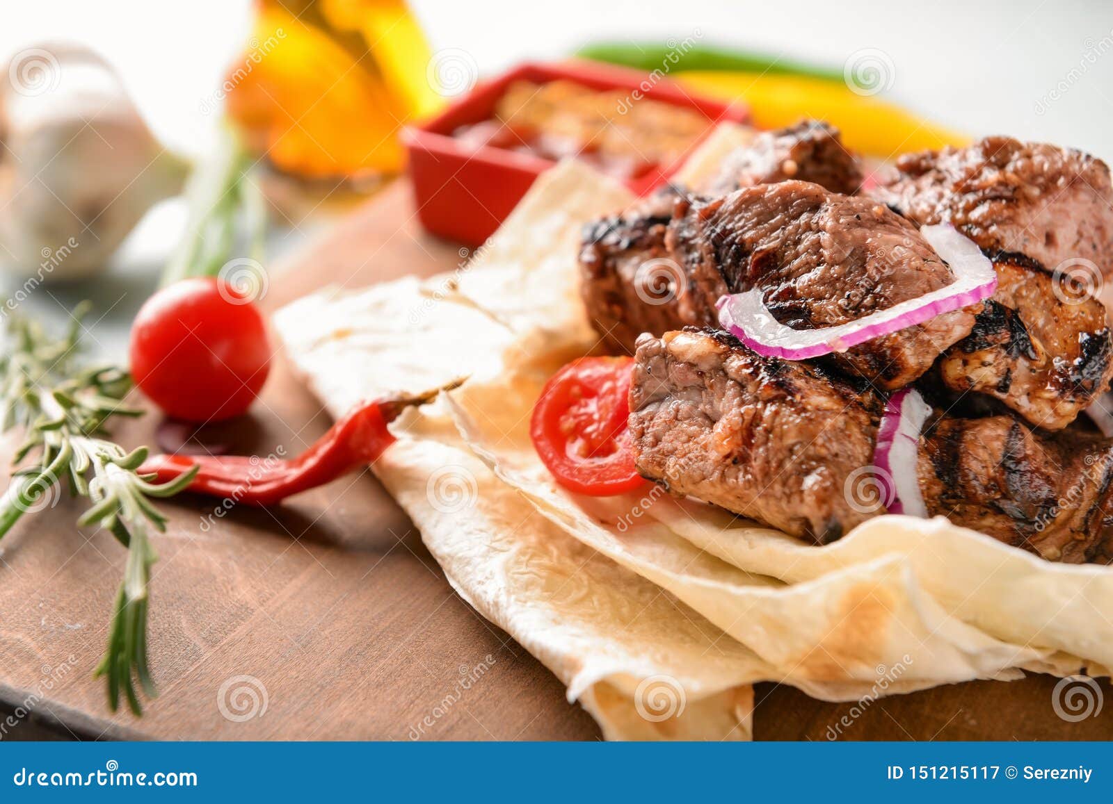 Delicious Shish Kebab on Flatbread, Closeup Stock Image Image of