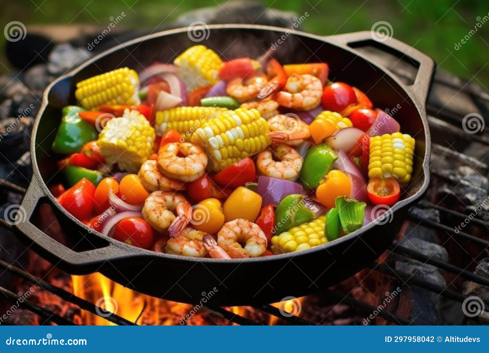 A Delicious Shrimp Boil Cooking in a Campfire Skillet Stock Photo ...