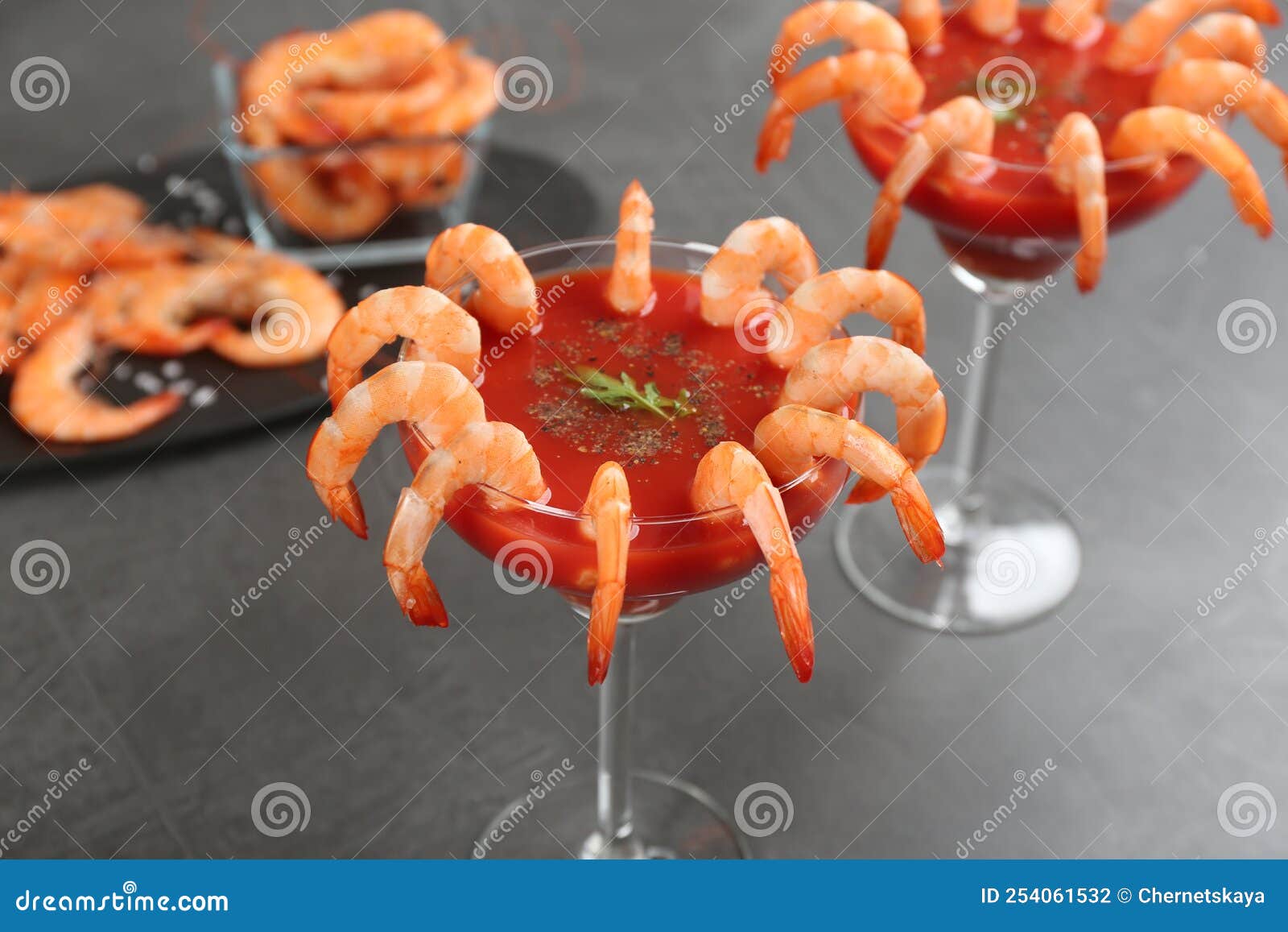 Delicious Shrimp Cocktail with Tomato Sauce on Grey Table Stock Photo