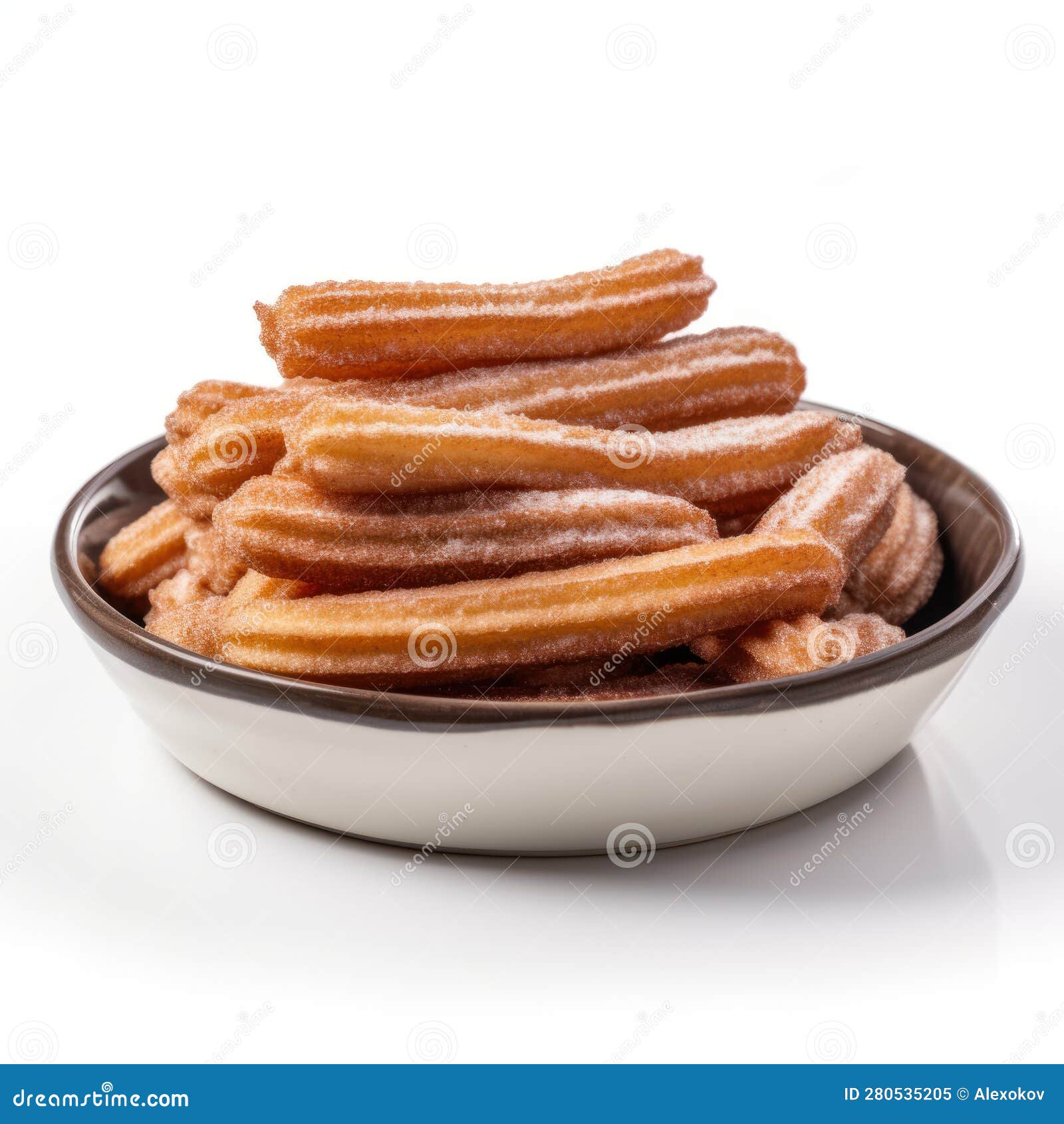 Delicious Spanish Churros with Sugar and Cinnamon on a Plate . Stock