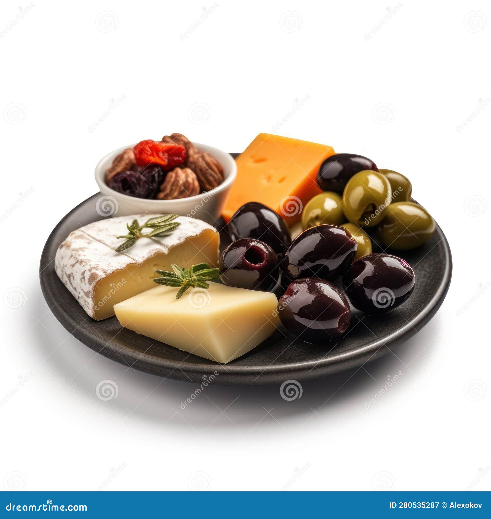 Delicious Spanish Tapas with Olives and Cheese on a Plate. Stock