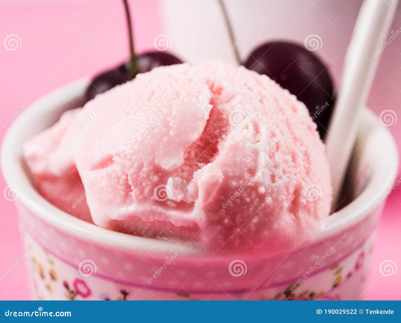 Strawberry Ice Cream Cups with Cherries, Macro Stock Photo - Image of ...