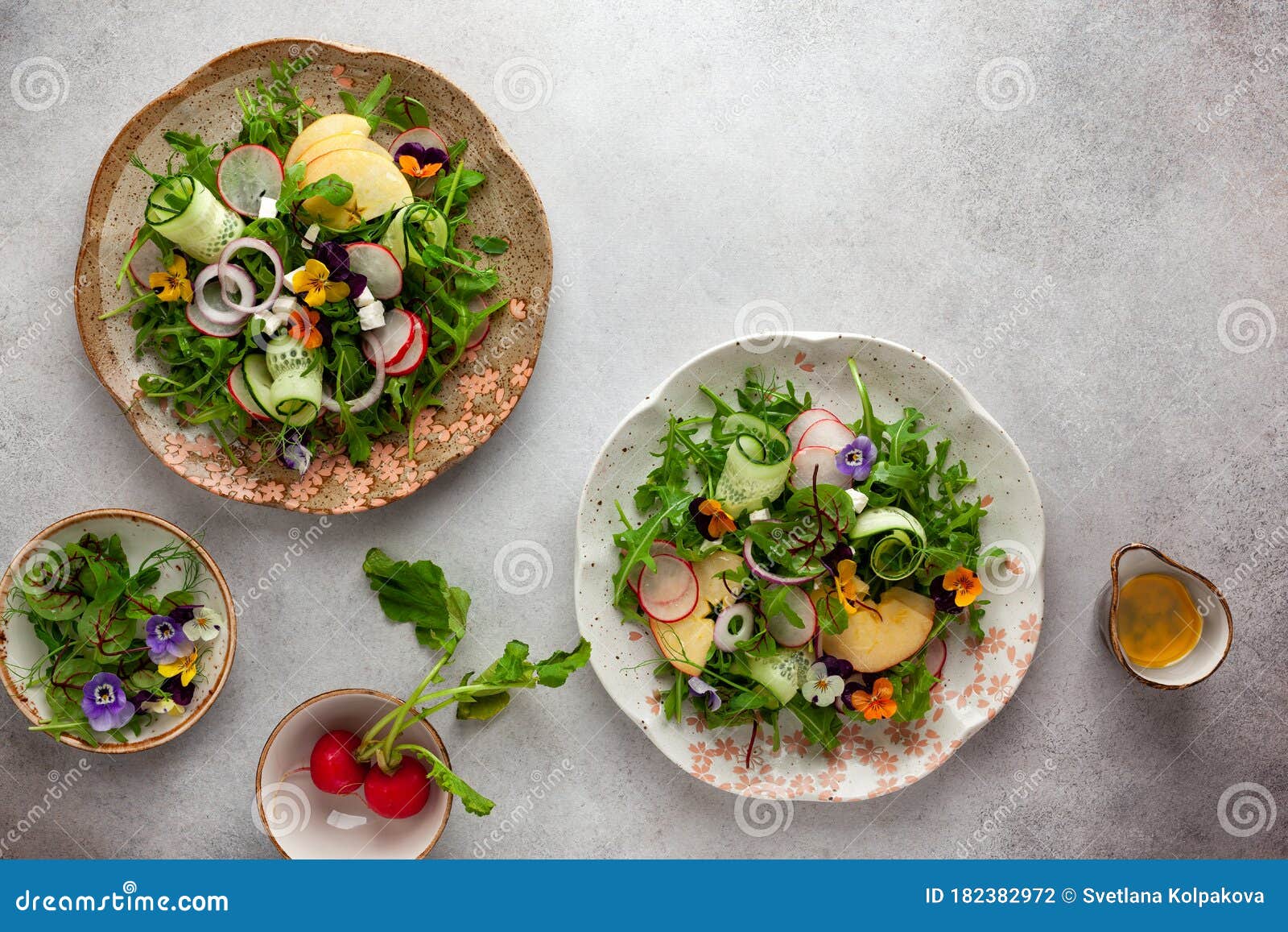 Delicious Summer Salad With Edible Flowers Vegetables Fruit Micro Greens And Cheese On A Vintage Grey Background Flat Lay Top Stock Photo Image Of Apple Ceramic 182382972