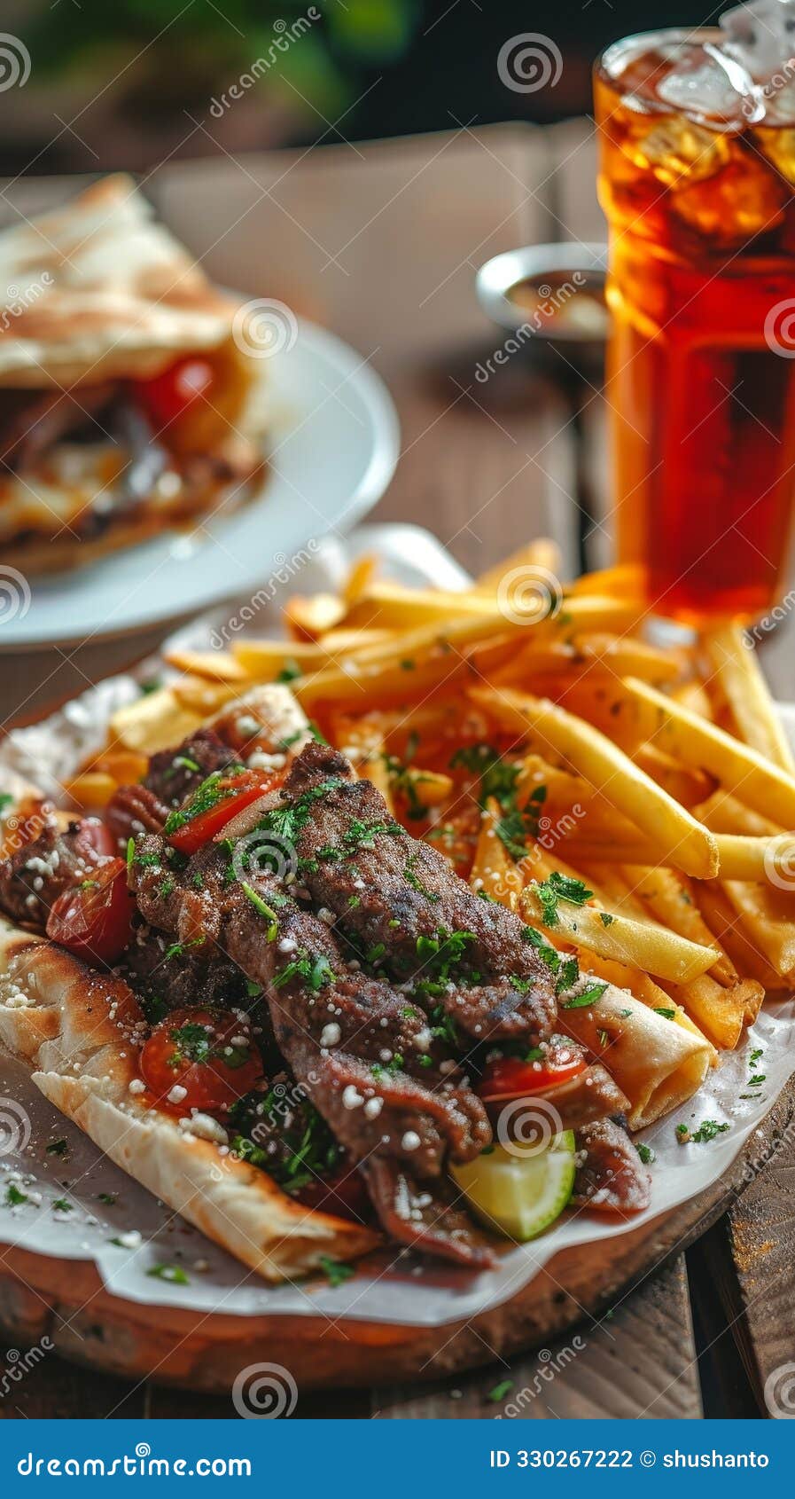 delicious swarma with french fries and soft drinks