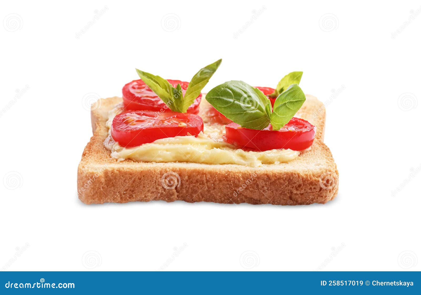 Delicious Toast with Butter, Tomatoes and Basil Isolated on White Stock