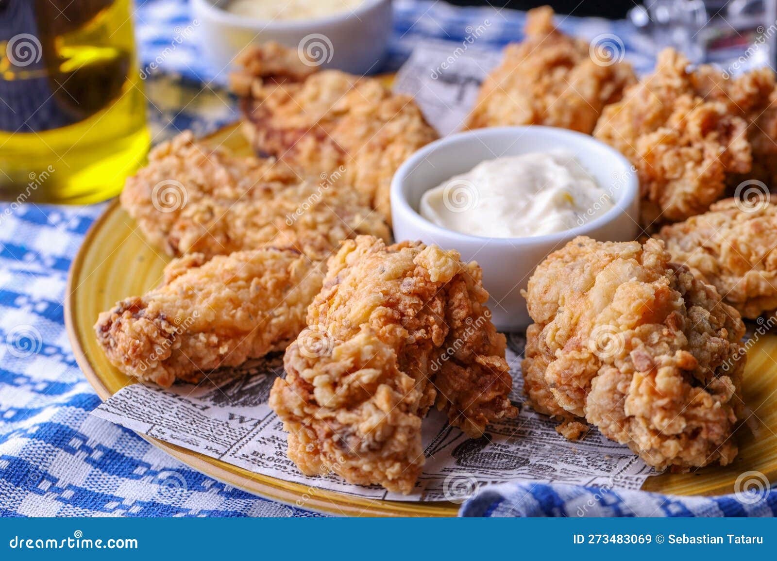 Delicious Top View of Fresh Fried Chicken with Sauce, Close Up Stock