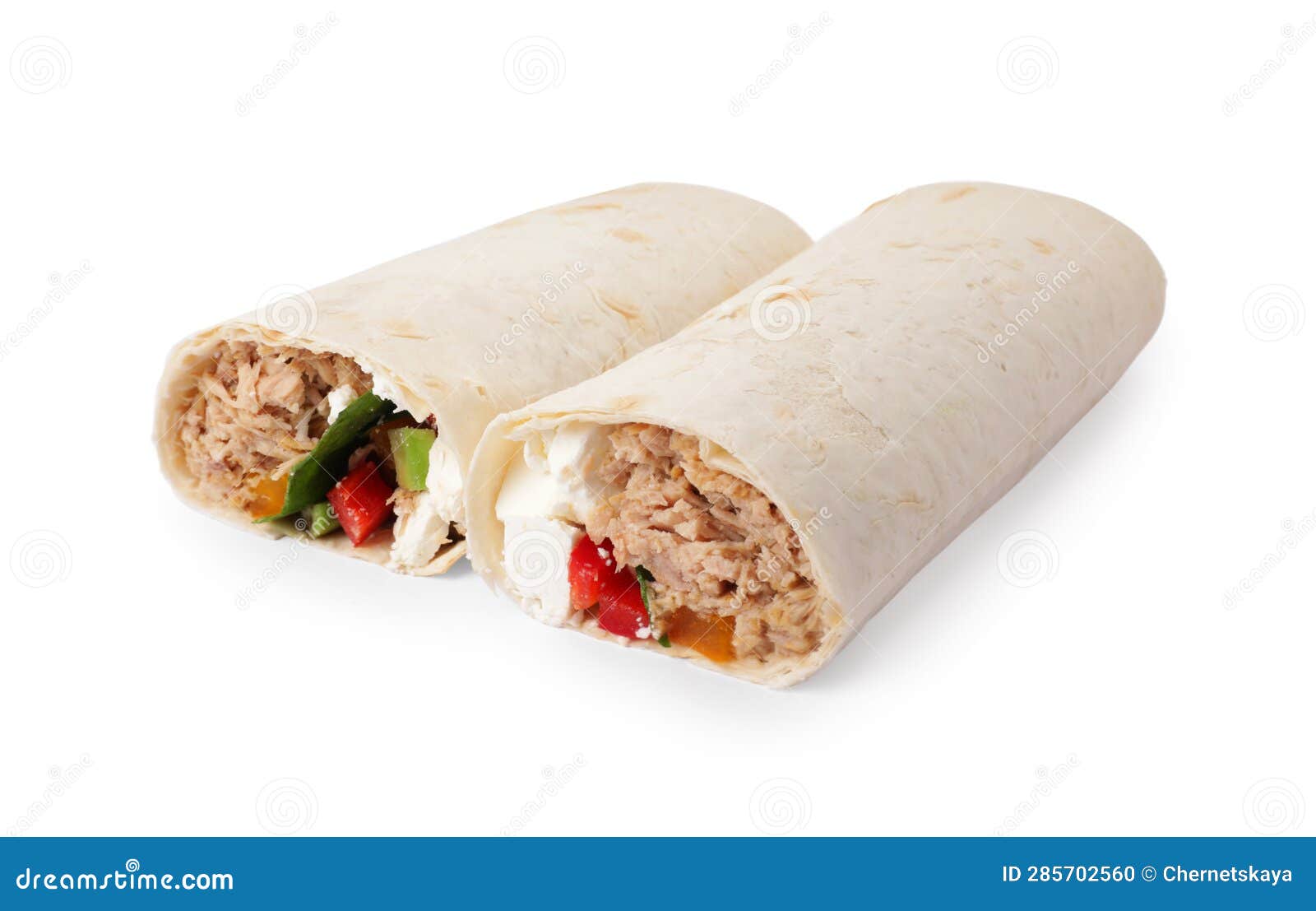 Delicious Tortilla Wraps with Tuna Isolated on White Stock Photo