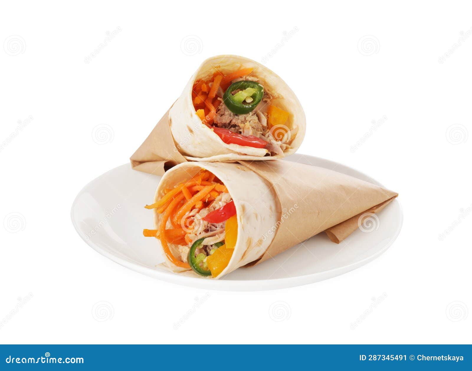 Delicious Tortilla Wraps with Tuna Isolated on White Stock Image