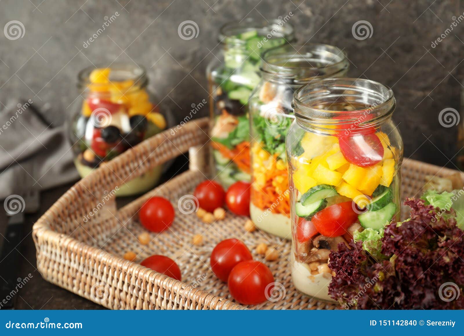 Delicious Vegetable Salads in Mason Jars on Wicker Tray Stock Photo Image of product, food