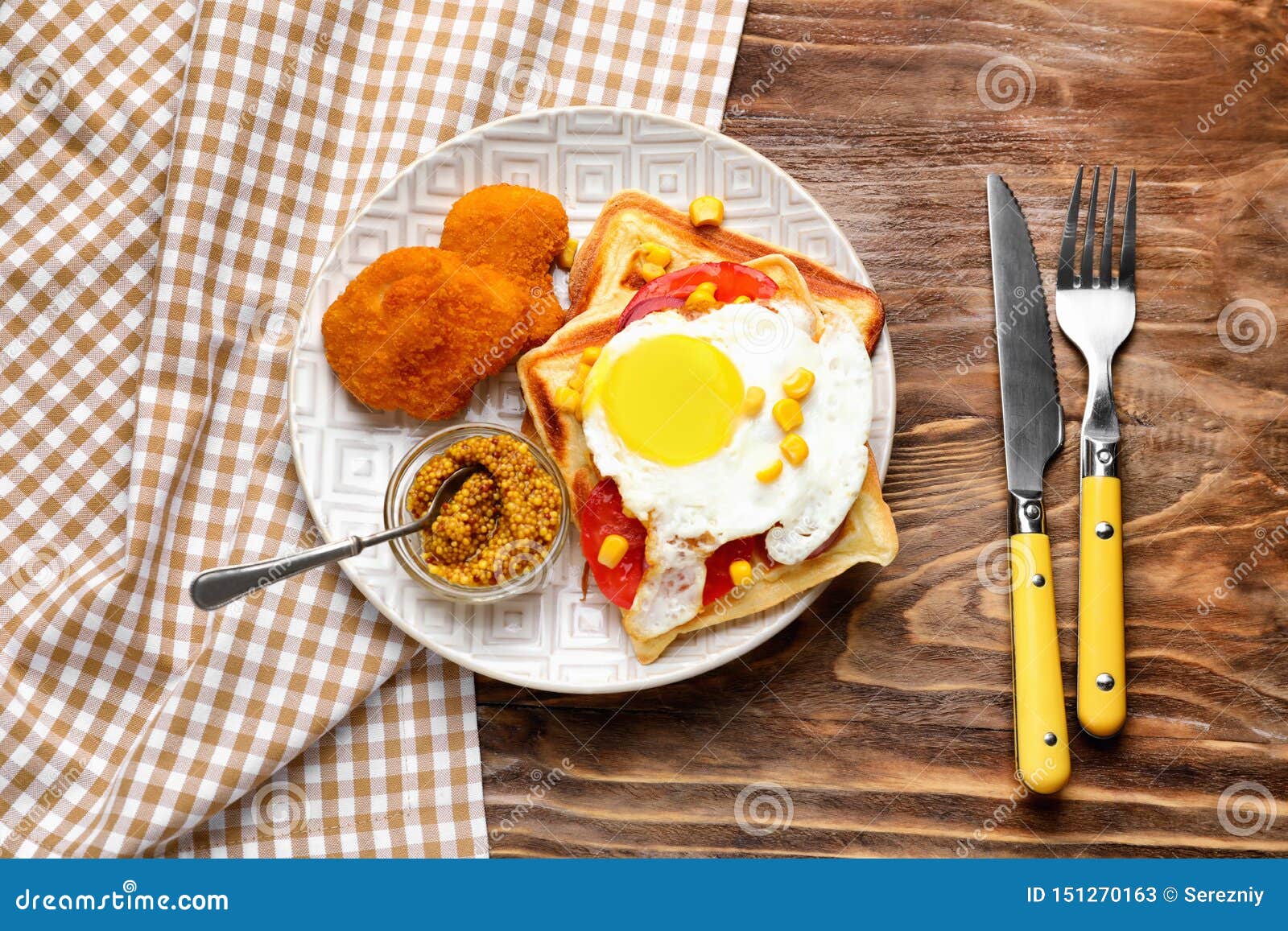 Delicious Waffles With Chicken Nuggets Mustard And Fried Egg On Plate Stock Image Image Of Chicken Breakfast