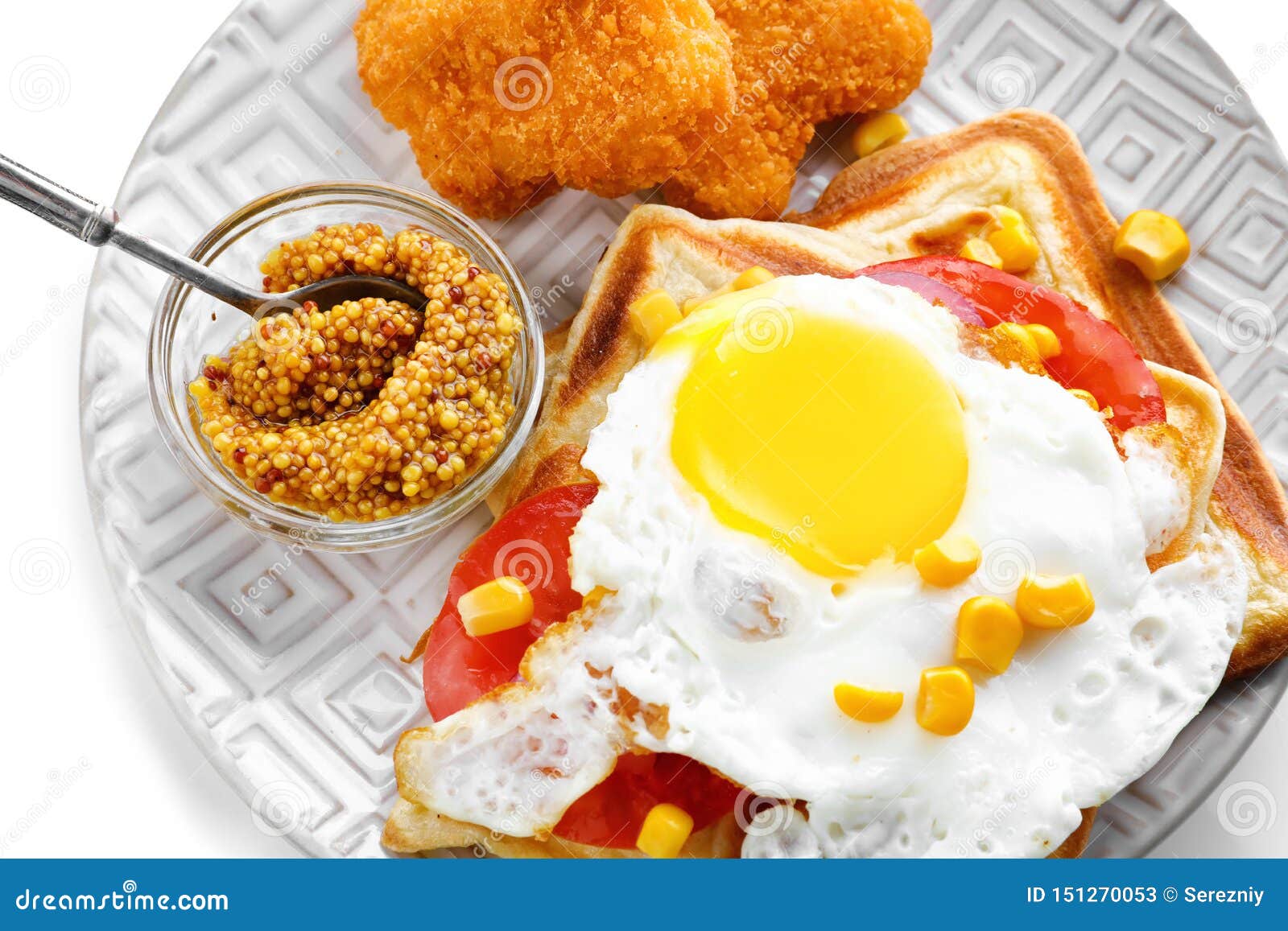 Delicious Waffles With Chicken Nuggets Mustard And Fried Egg On Plate Isolated On White Stock Image Image Of Fast Bowl