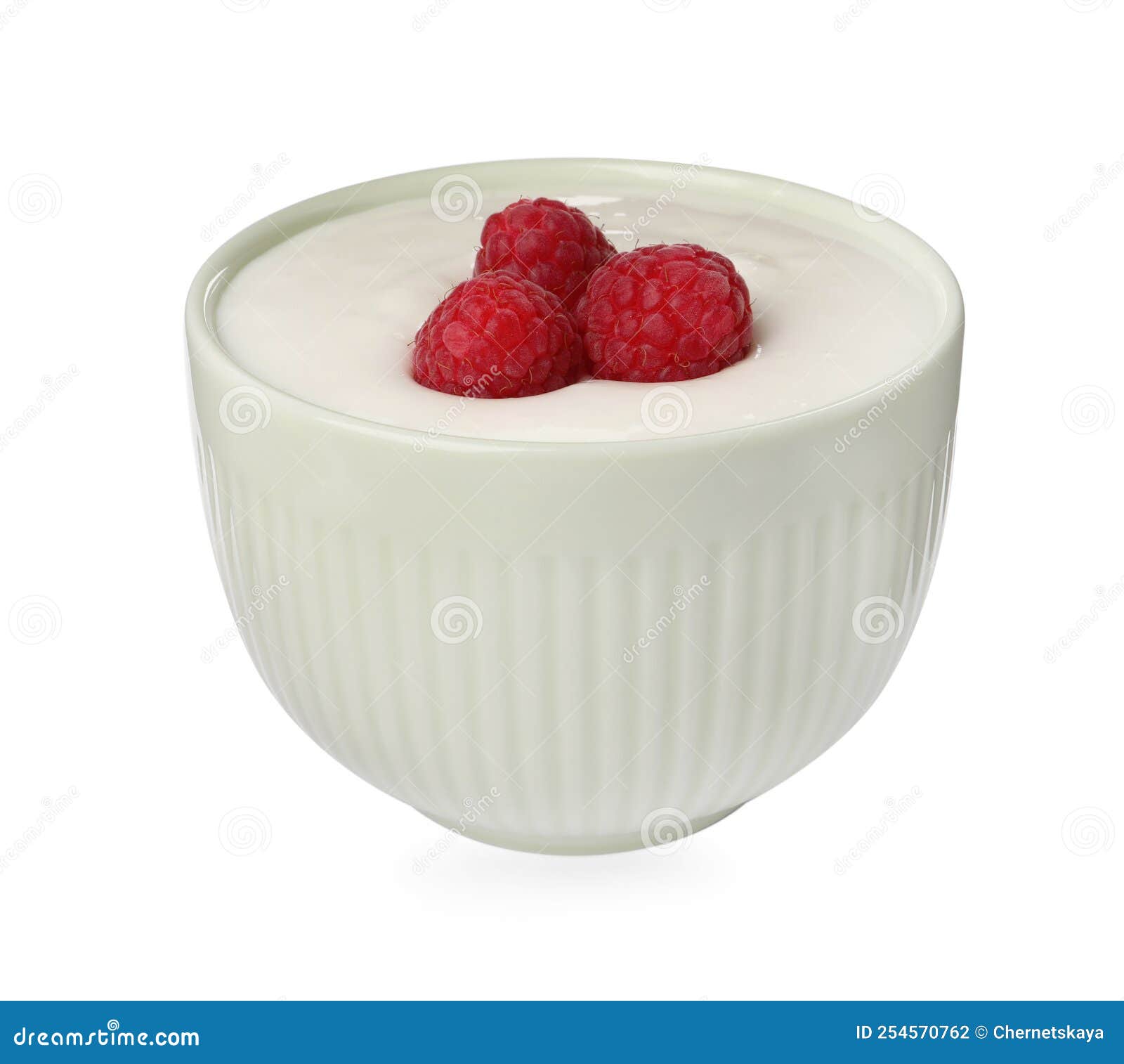 Delicious Yogurt with Raspberries in Bowl Isolated on White Stock Photo