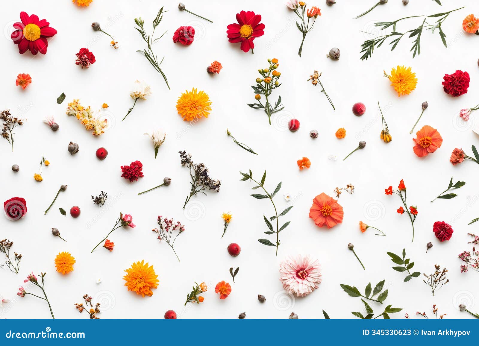 colorful floral scatter pattern on white background