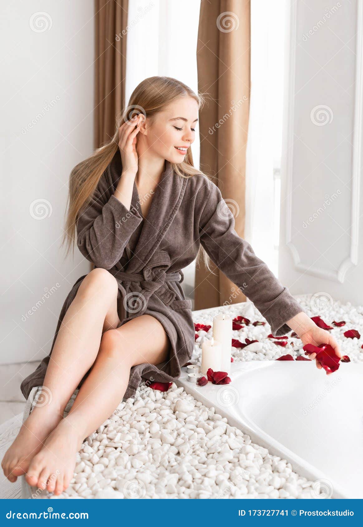 Delightful Blonde Girl Getting Ready To Take Foam Bath Stock Image