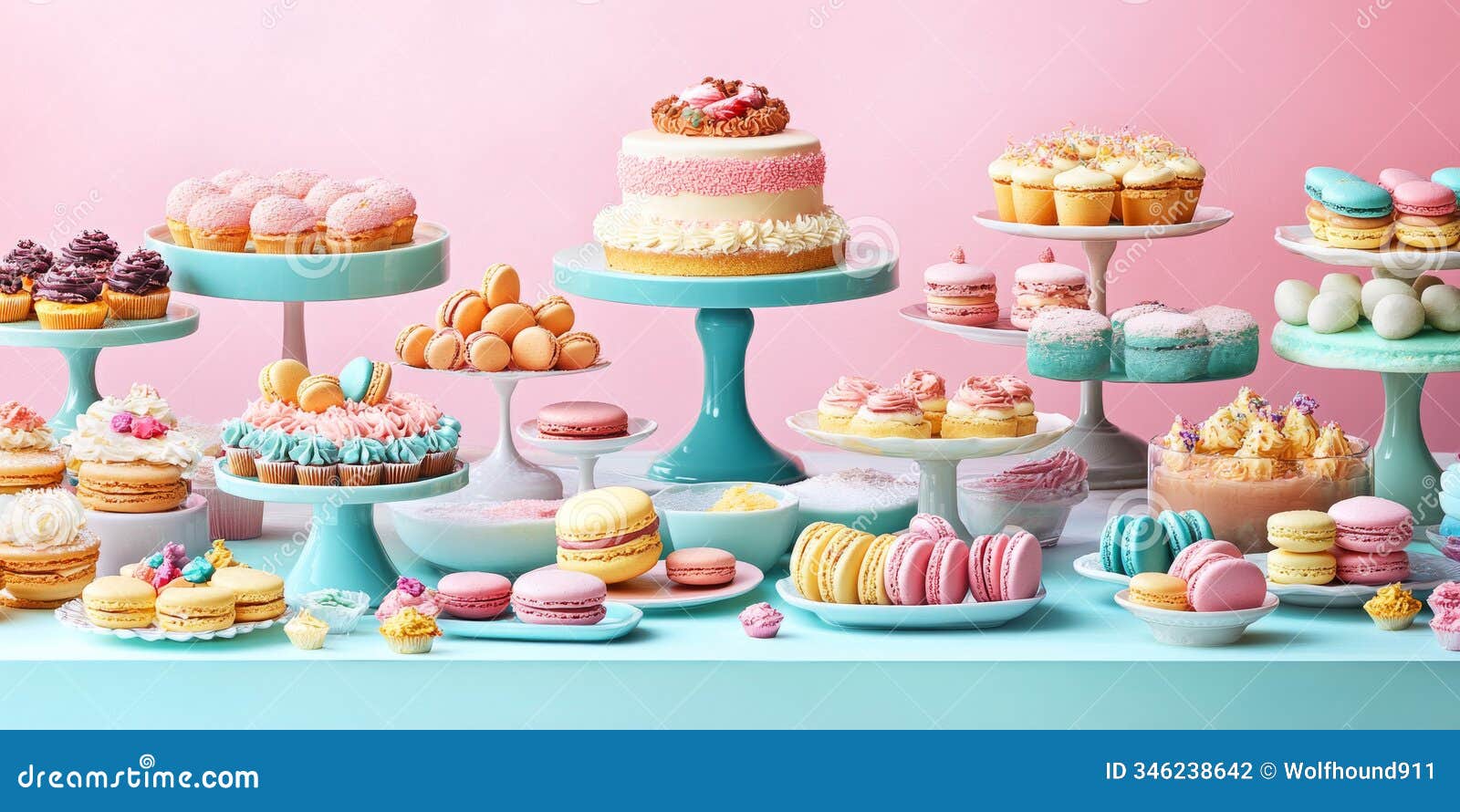 a delightful dessert table featuring an array of cakes, pastries, and macarons,