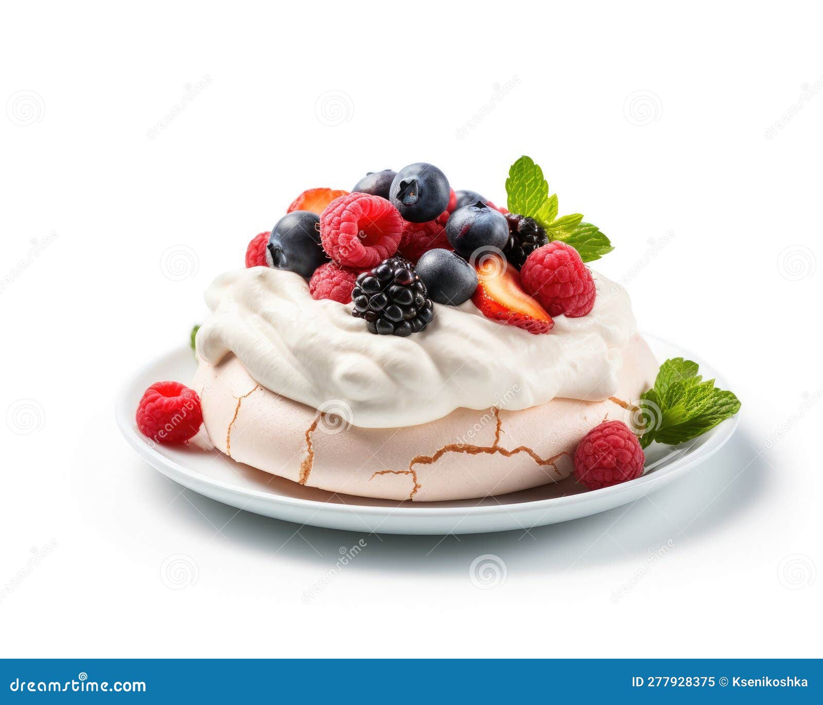 Delightful Pavlova with Strawberry, Raspberry and Blueberry on a White ...