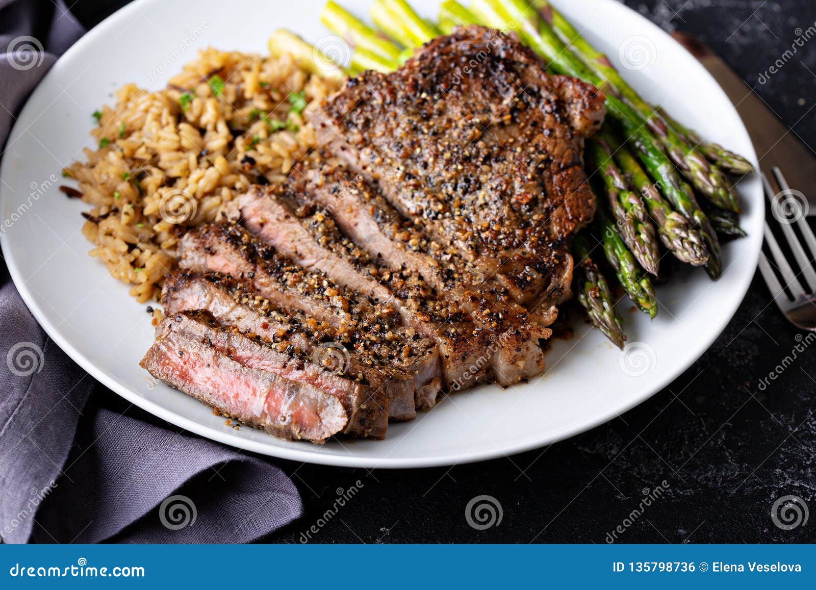 Delisious Steak with Rice and Asparagus Stock Photo - Image of filet
