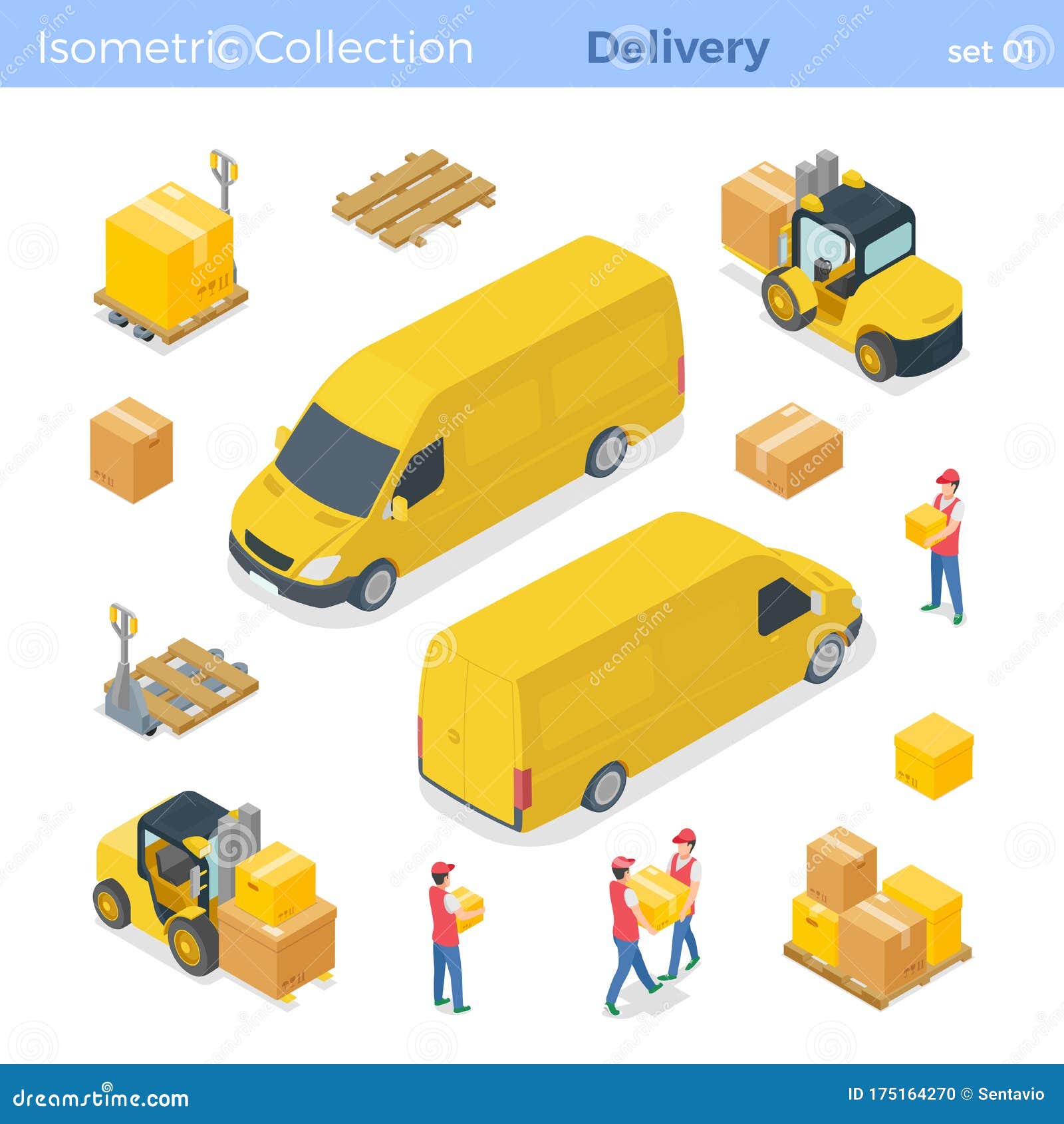 deliver service van truck warehouse staff couriers holding parcel forklift loads boxes pallet packages isometric 