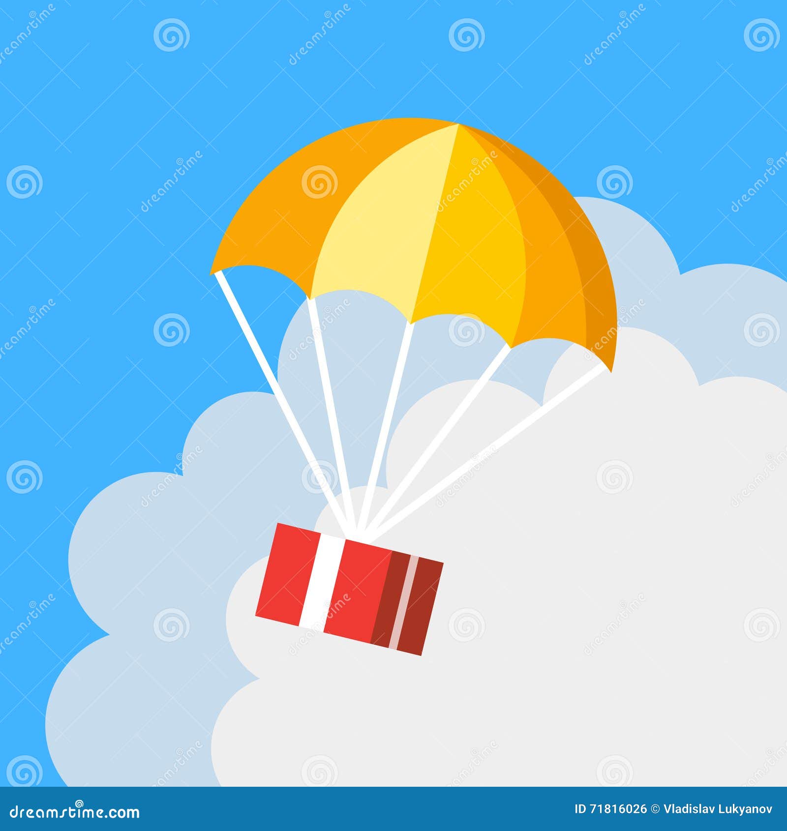 Delivery Concept, Parachute Icon. Gift Box Flying In Blue Sky Stock