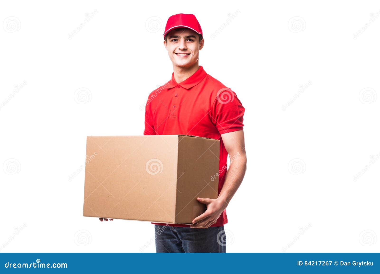 Delivery man with box stock image. Image of gray, clothes 84217267