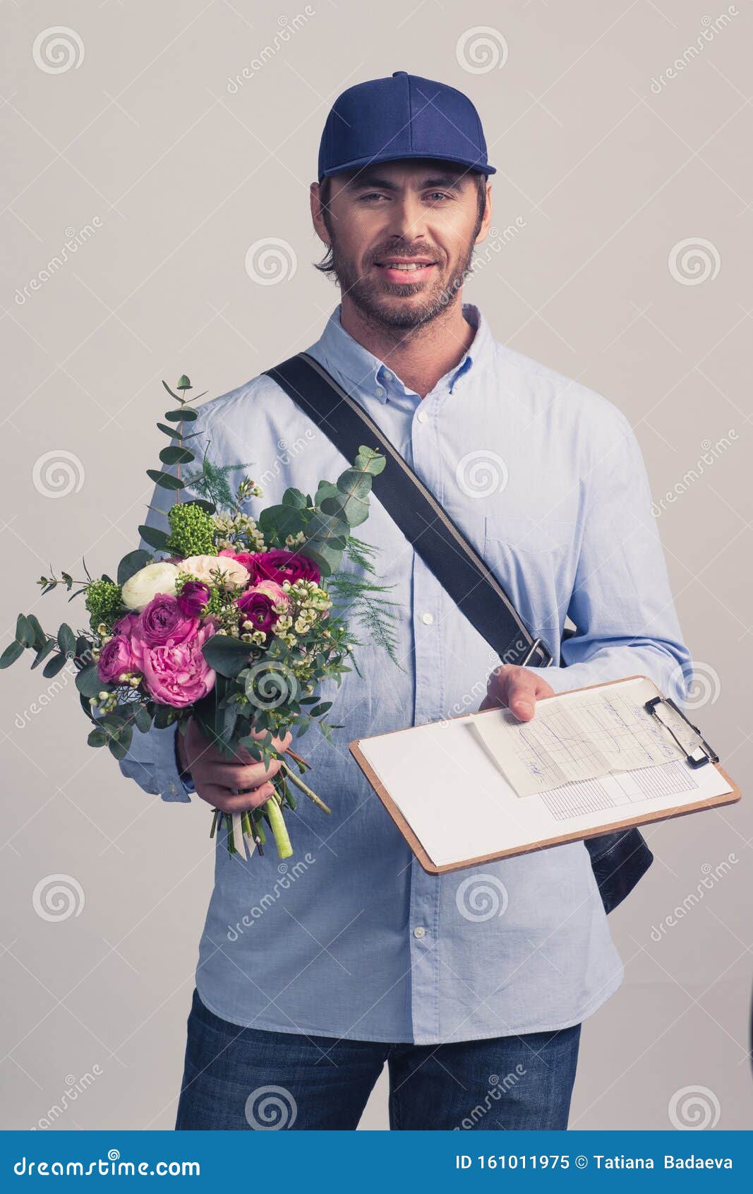 Delivery Man Bringing Flower Bouquet Stock Image Image of form