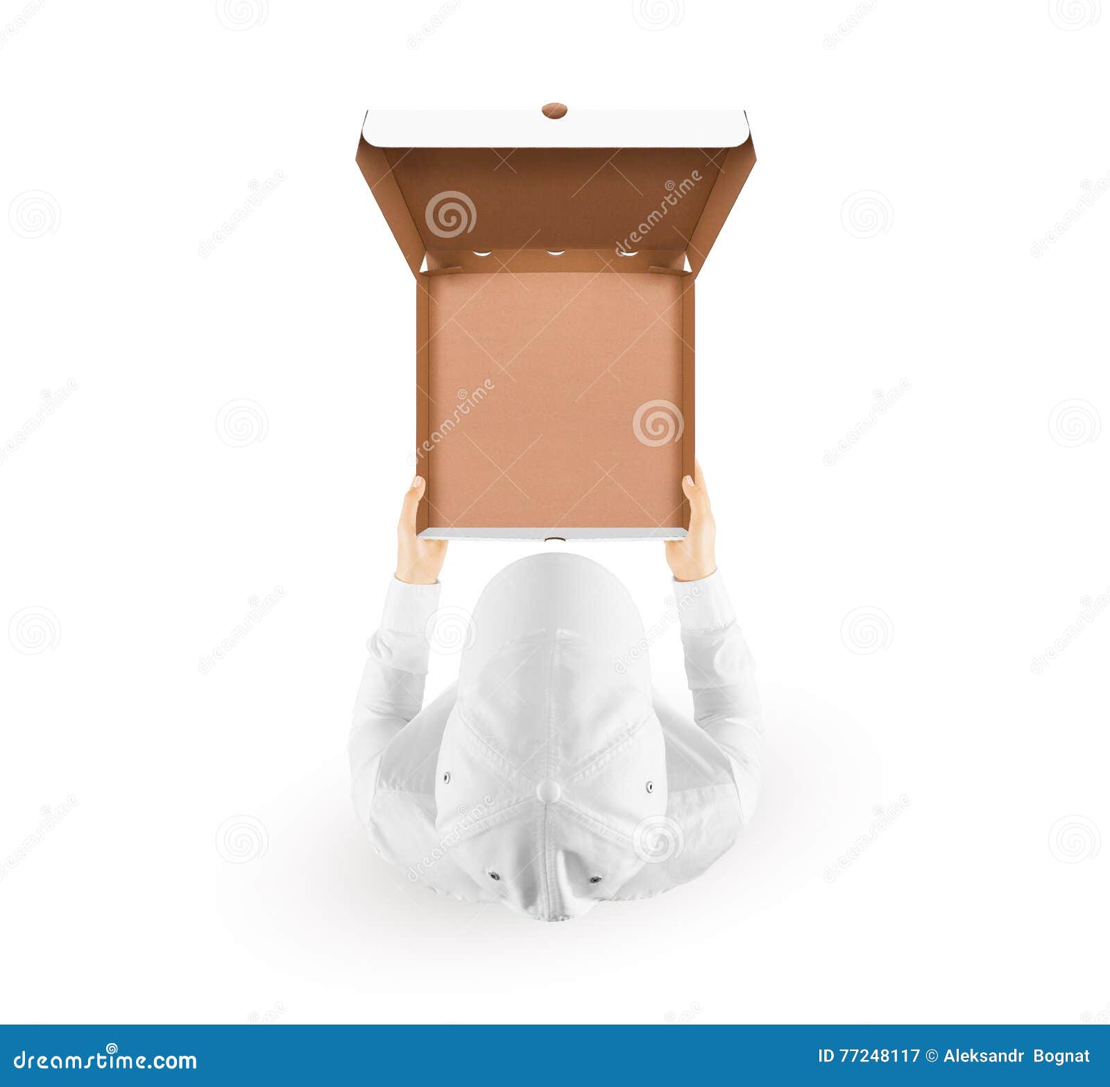 Download Delivery Man Holding Empty Meal Box Mockup In Hand Stock ...