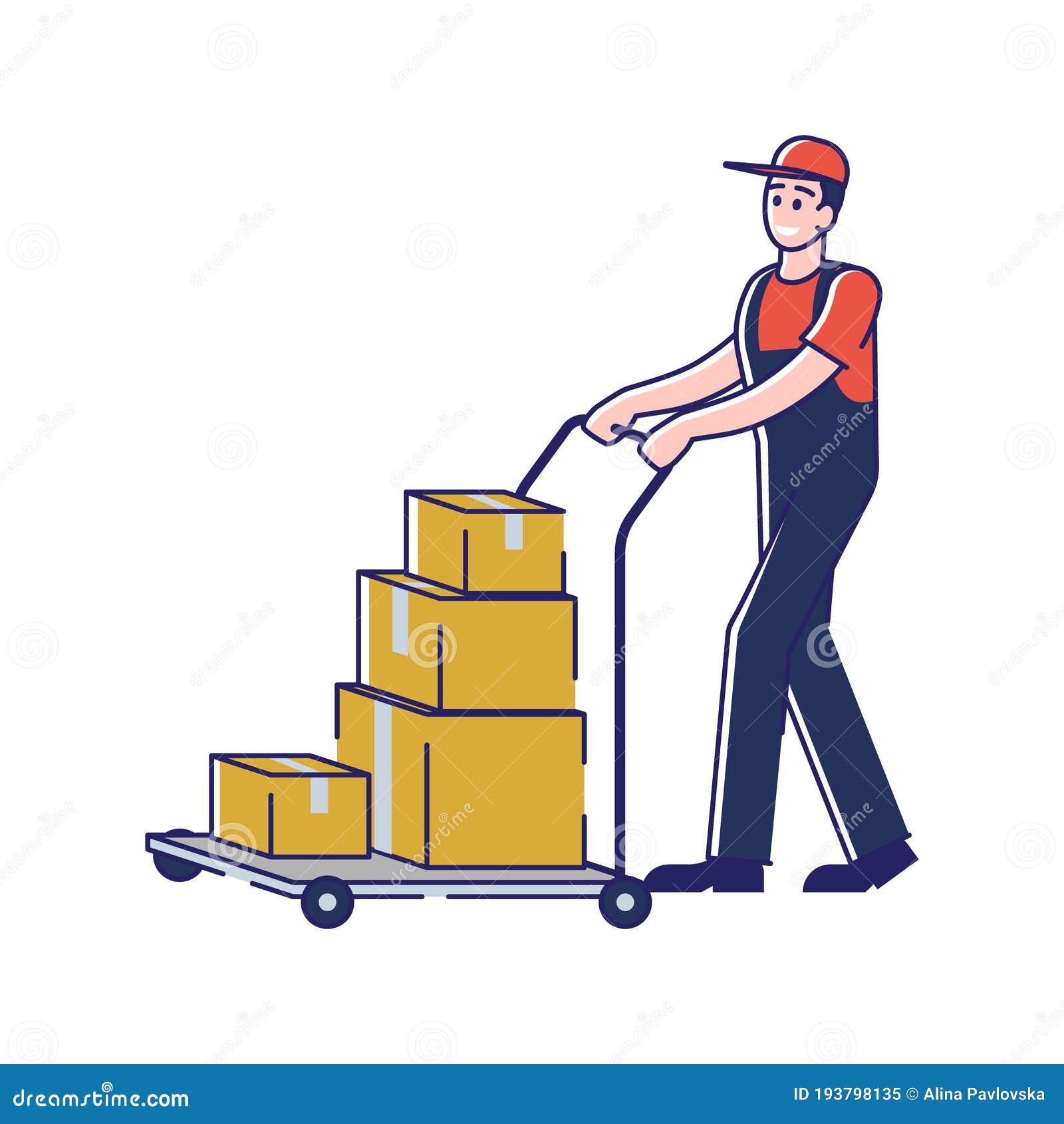 Delivery Man with Parcel Boxes on Trolley. Boy Courier Shipping Mail