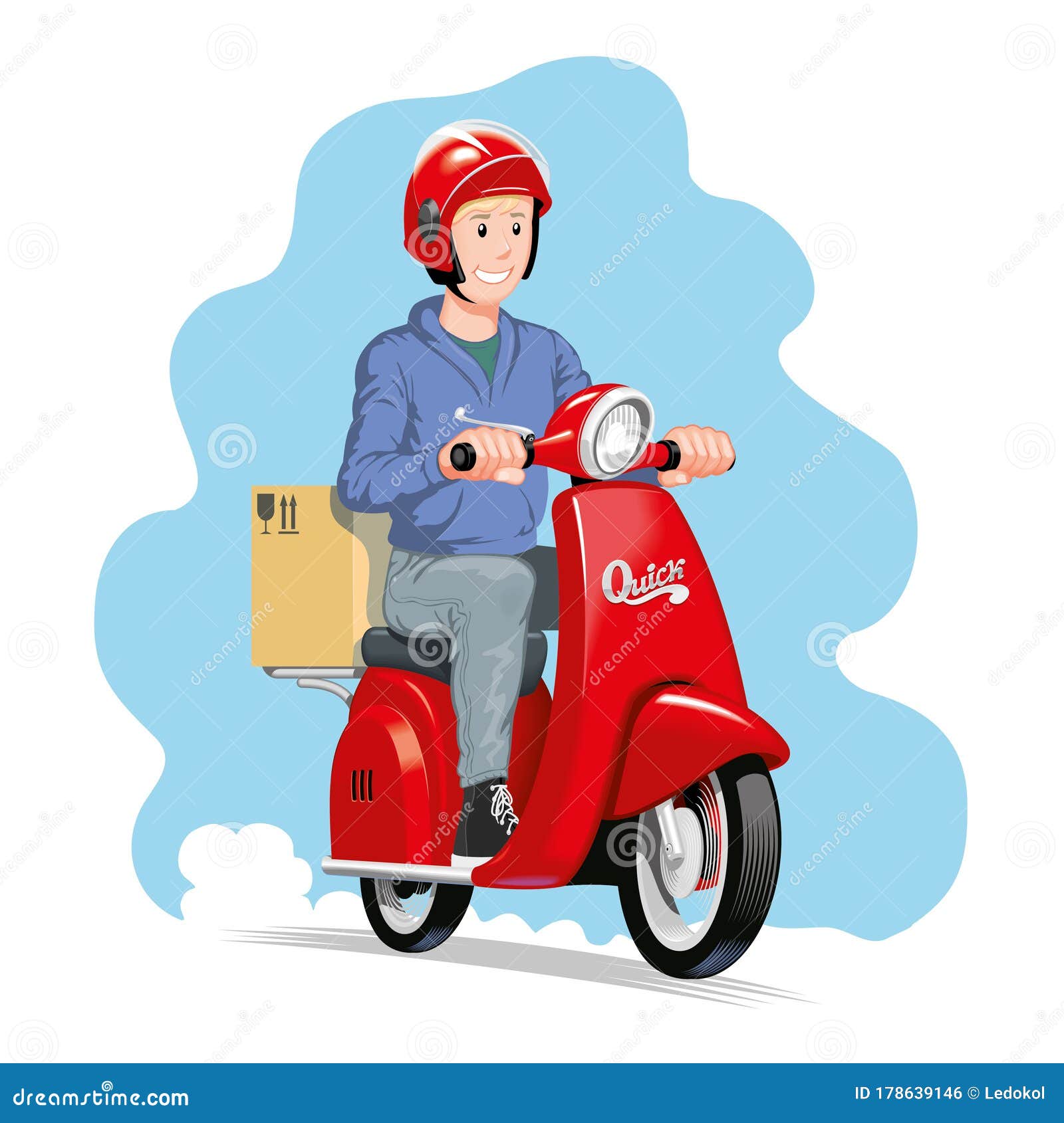 Delivery Man Riding a Red Scooter with Parcel. Vector Illustration