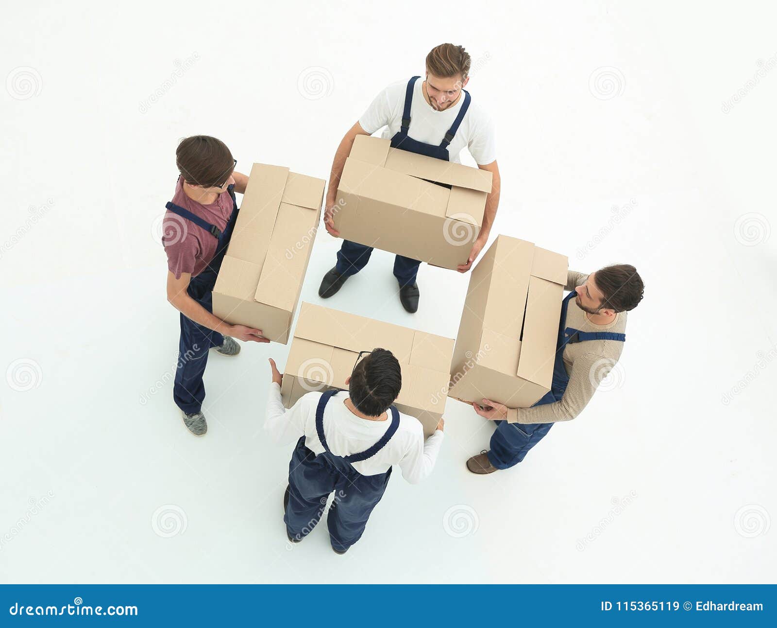 Delivery Men with Cardboard Boxes on White Background. Stock Image