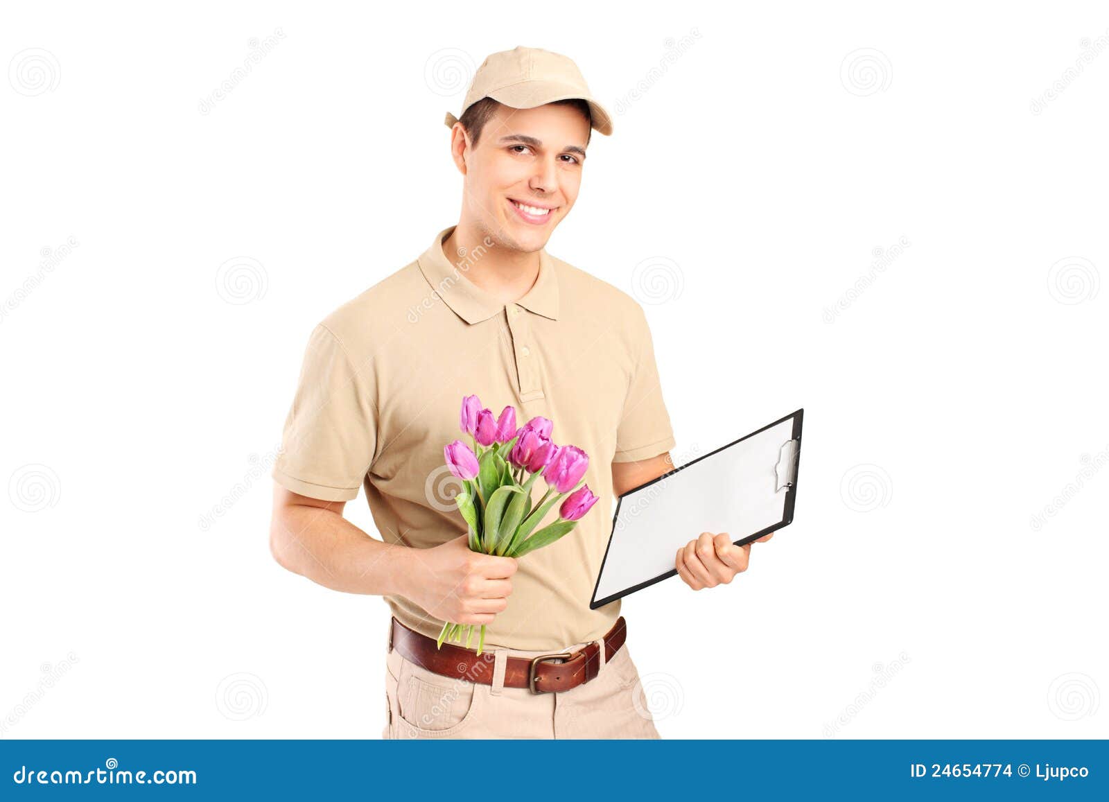 delivery person holding clipboard flowers 24654774