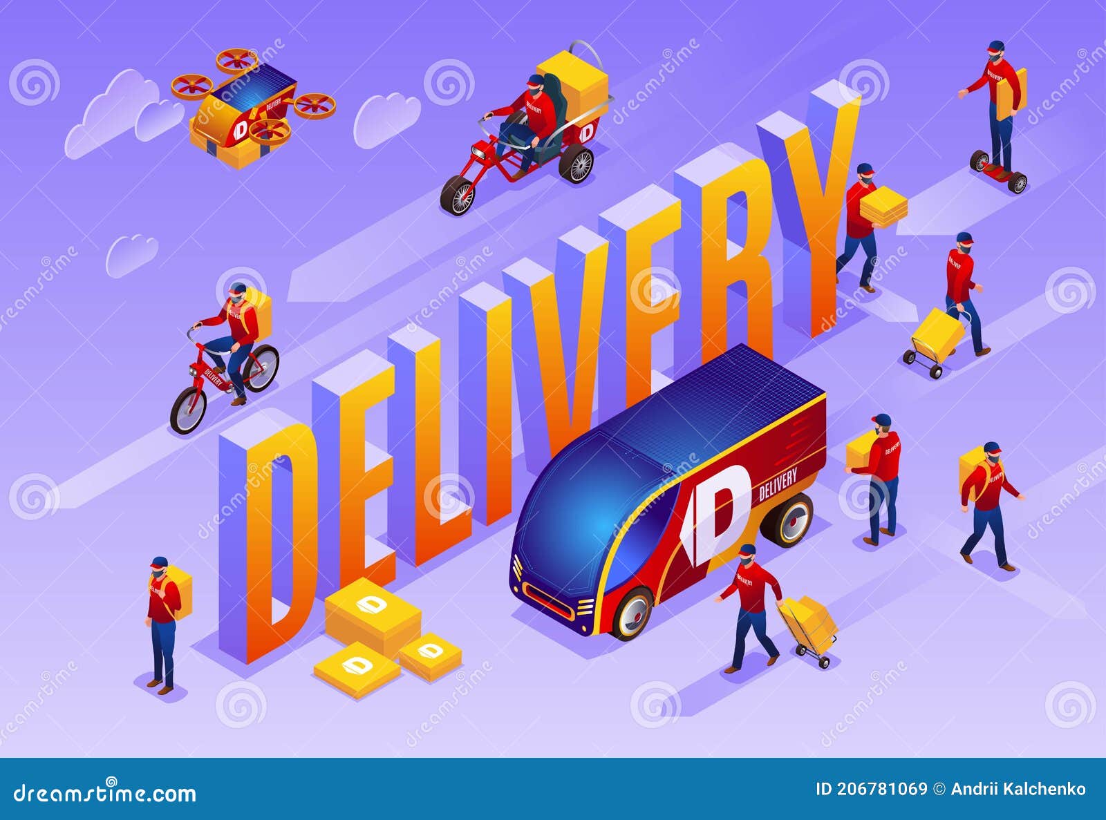 Isometric Couriers. Delivery Service Workers, Guys Carrying Packages