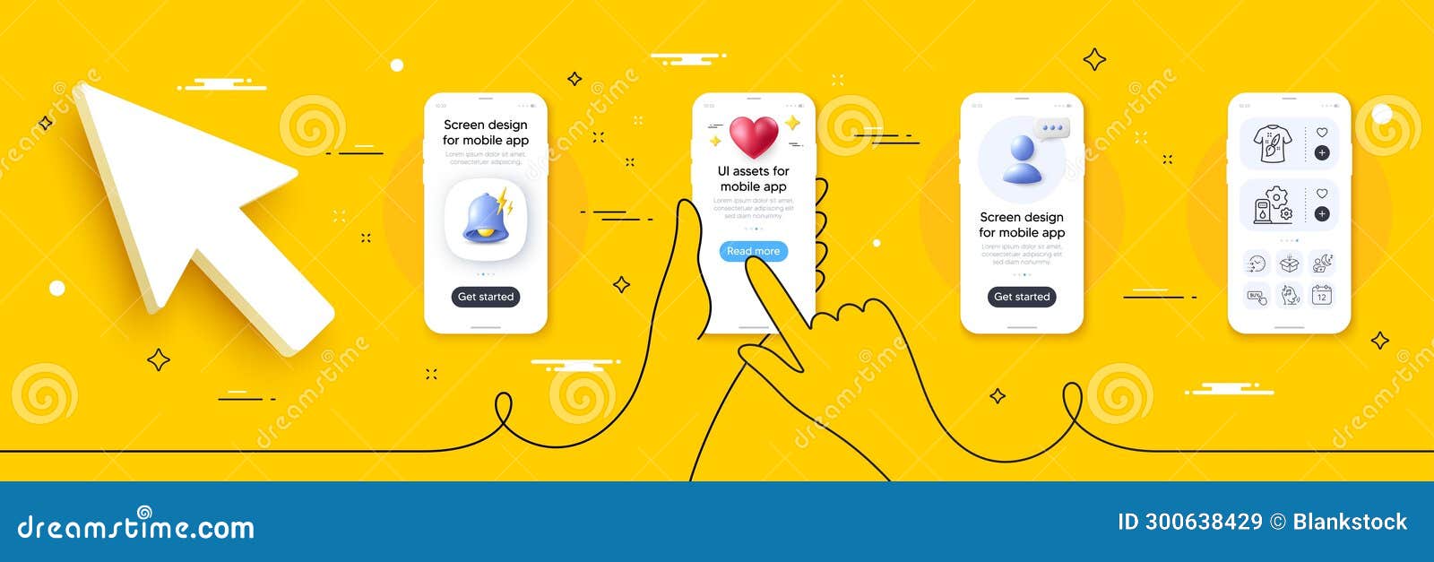 delivery time, buy button and shift line icons pack. for web app. phone screen mockup. 