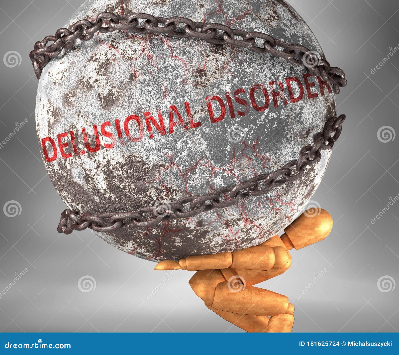 delusional disorder and hardship in life - pictured by word delusional disorder as a heavy weight on shoulders to ize