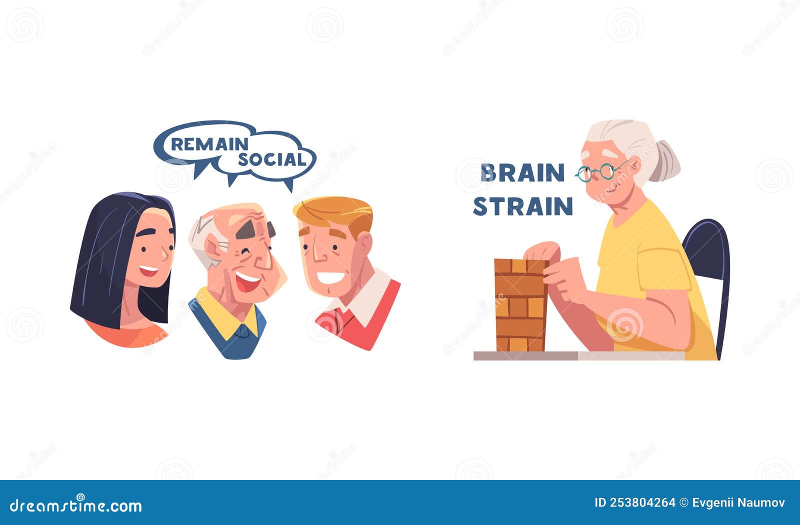 Dementia Disease Prevention Tips Set. Remain Social And Brain Strain