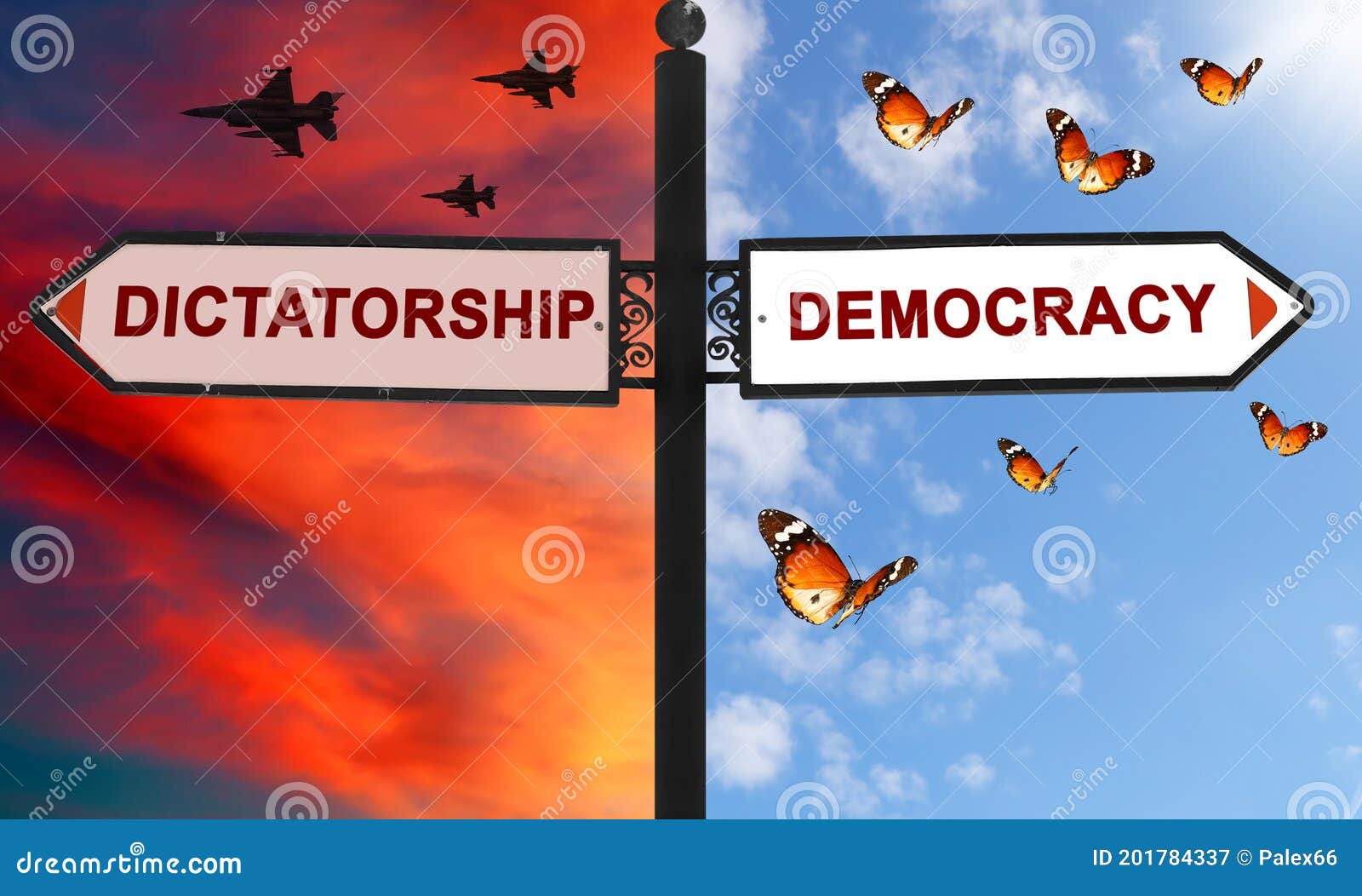 democracy or dictatorship choice on a signpost with arrows in two opposite directions