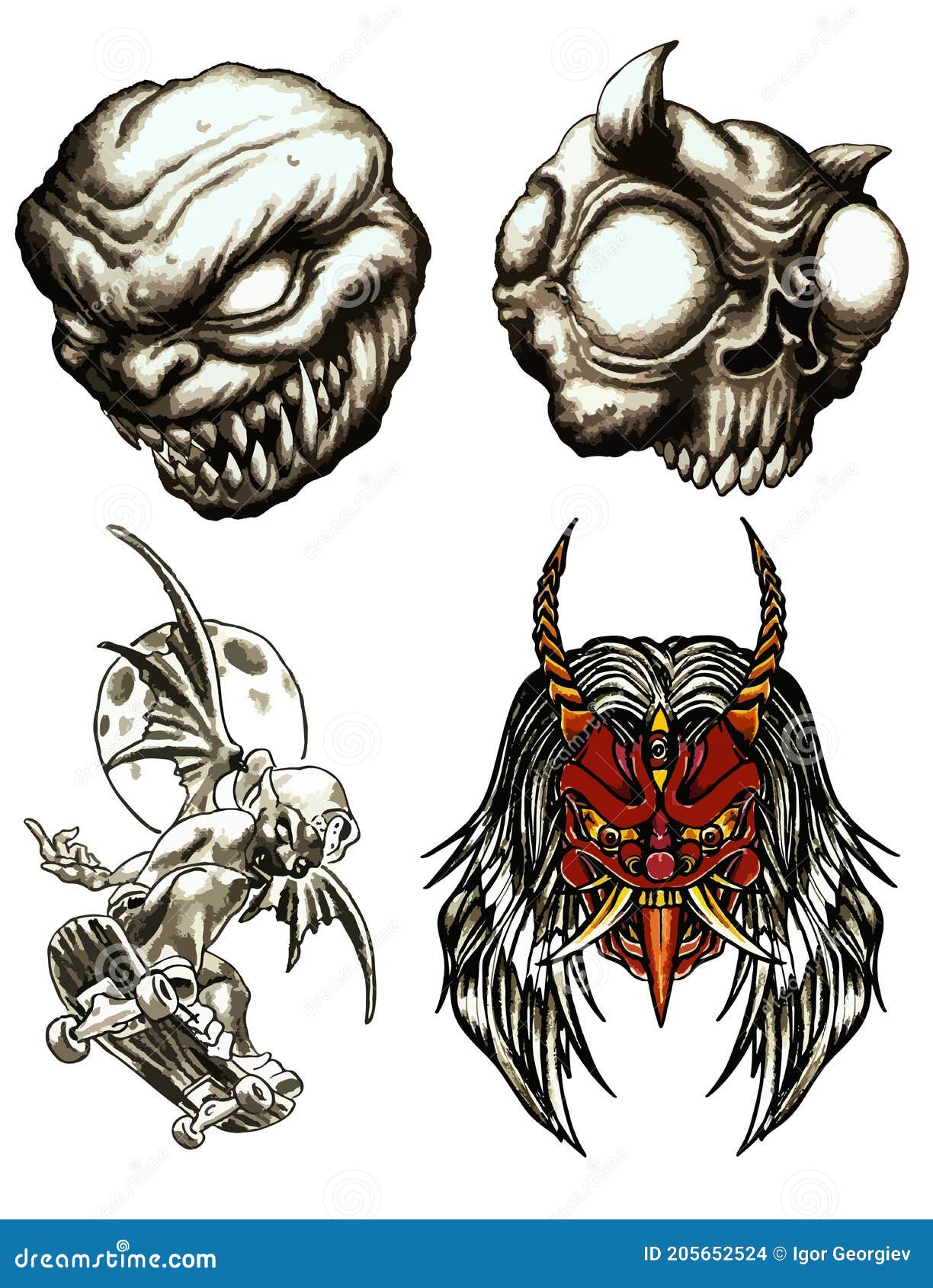 Demon Tattoo Set. Skull Tattoo Set. Set of Labels and Elements. Vector