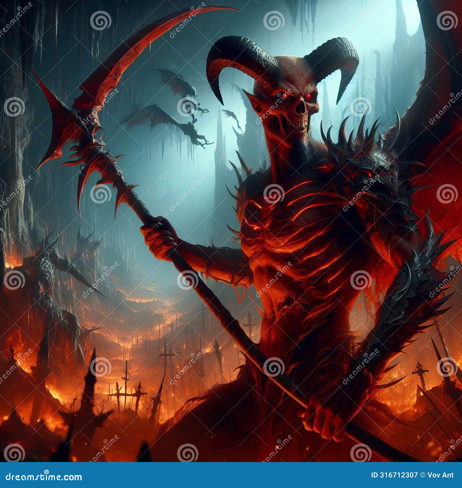 a demon warrior wielding a demonic scythe in a hellish underor