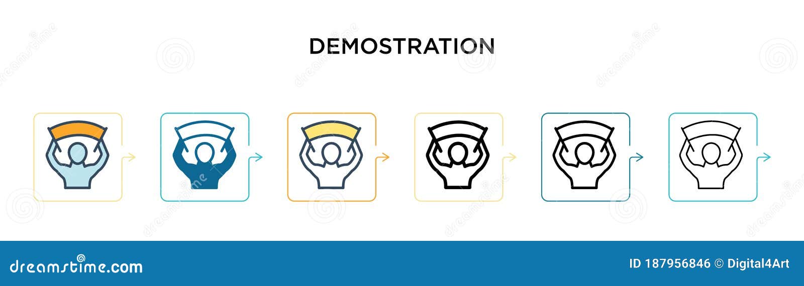 demostration  icon in 6 different modern styles. black, two colored demostration icons ed in filled, outline, line and