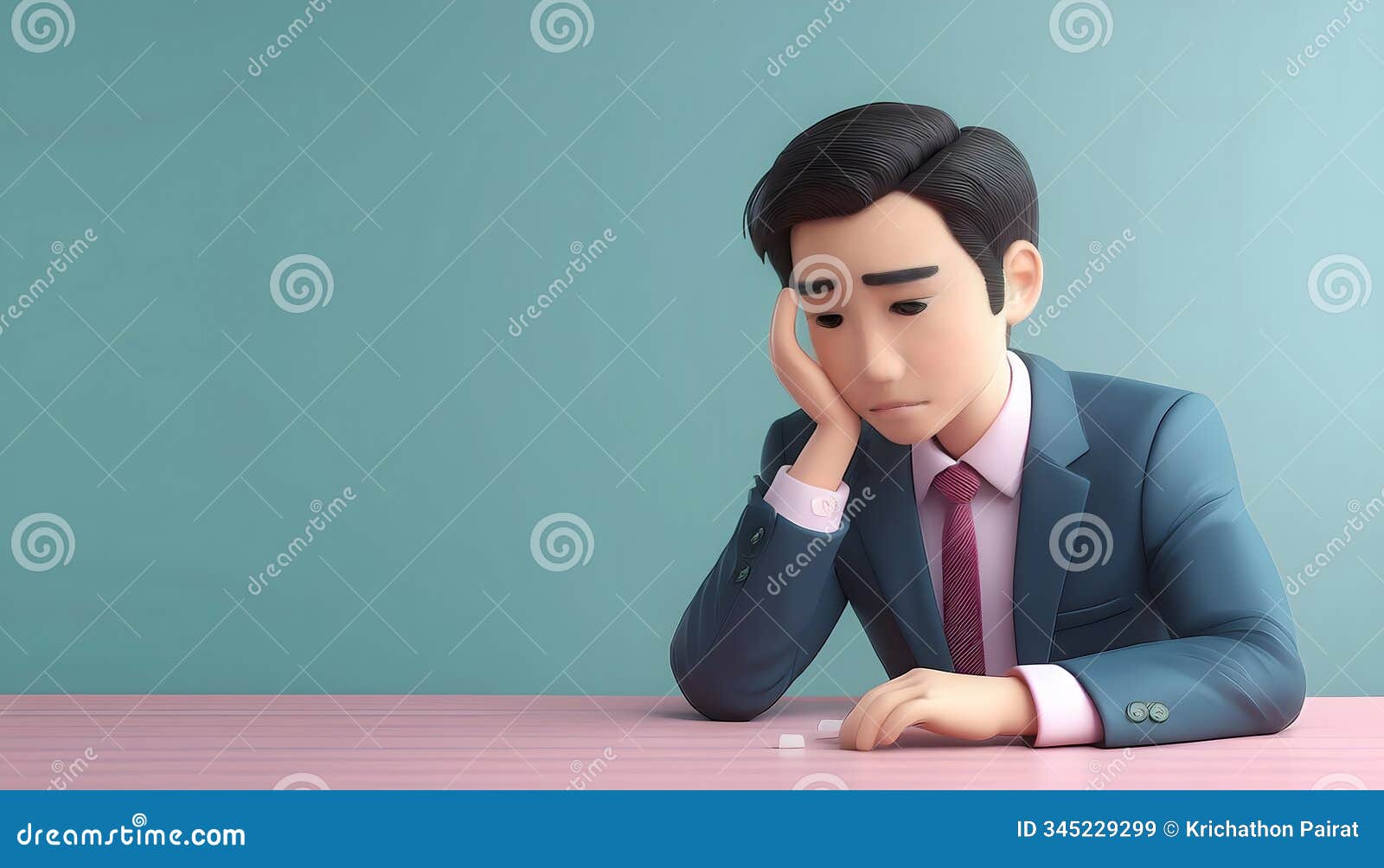 demotivated employee, tired expression at desk, 3d 