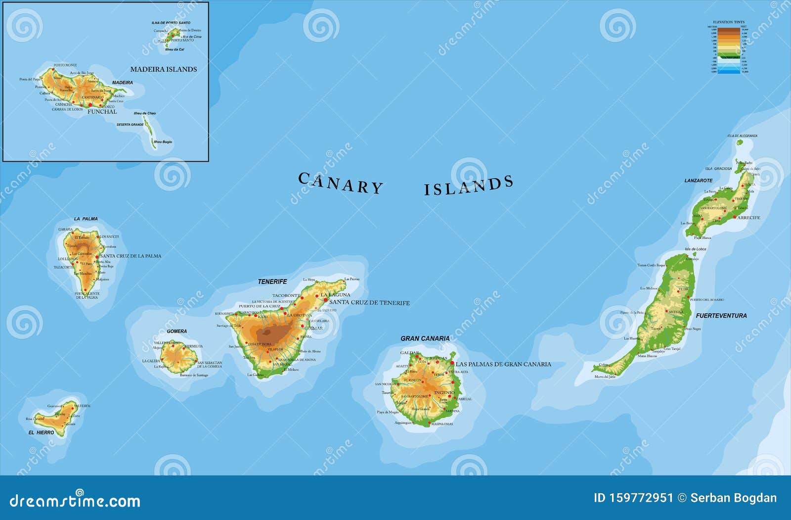 Den Fysiska Kartan över Kanarieöarna Och Madeira Vektor Illustrationer