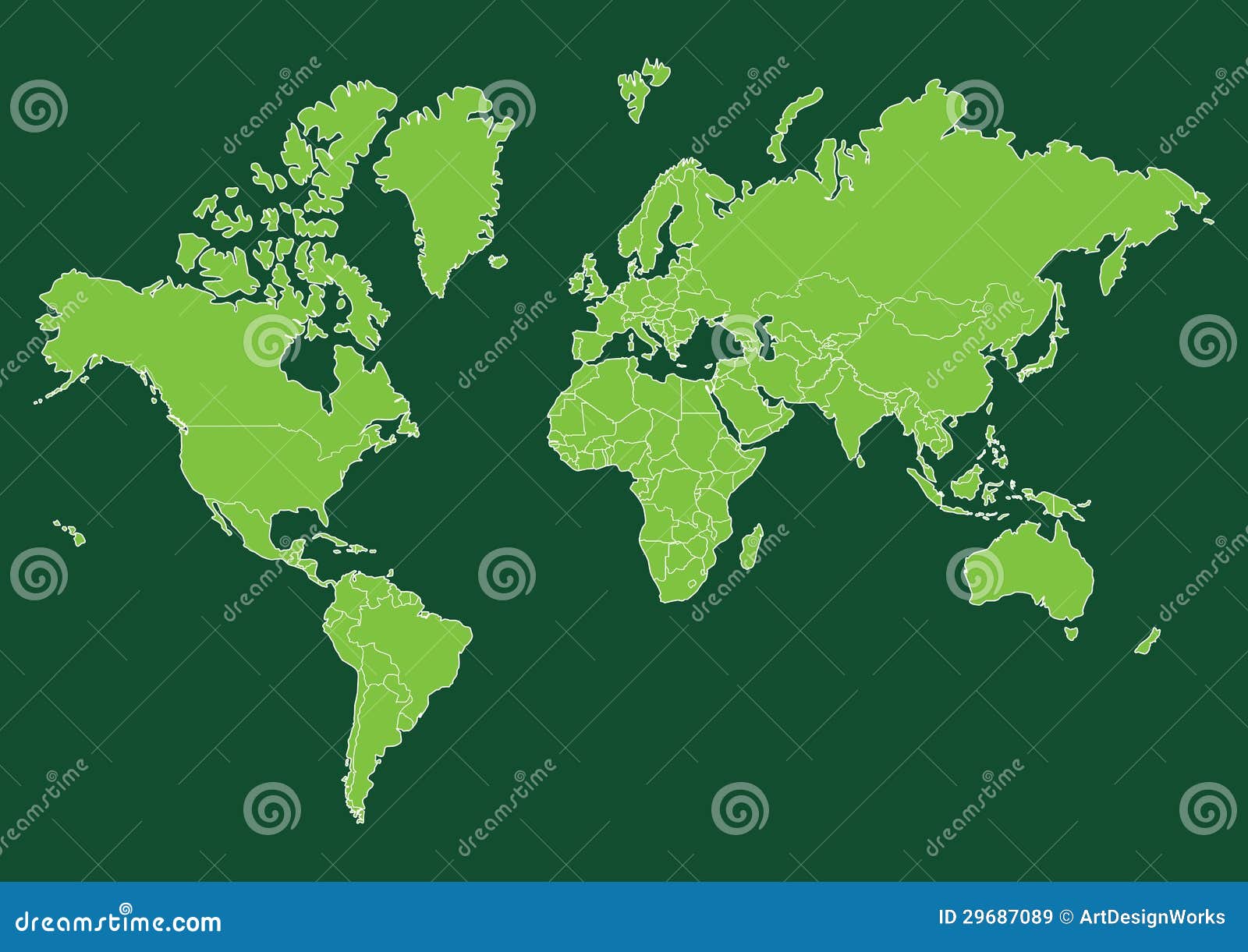 Den gröna världen kartlägger med länder. Kickupplösningsvärlden kartlägger med gräsplan färgar.
