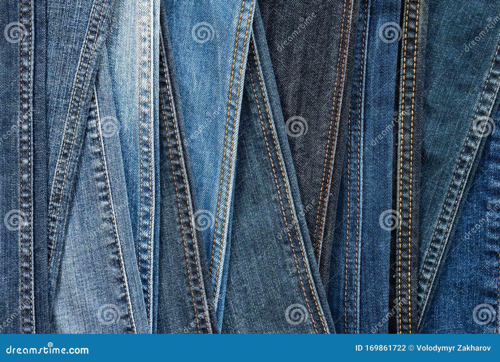 Different shades of blue jeans denim fabrics. Y