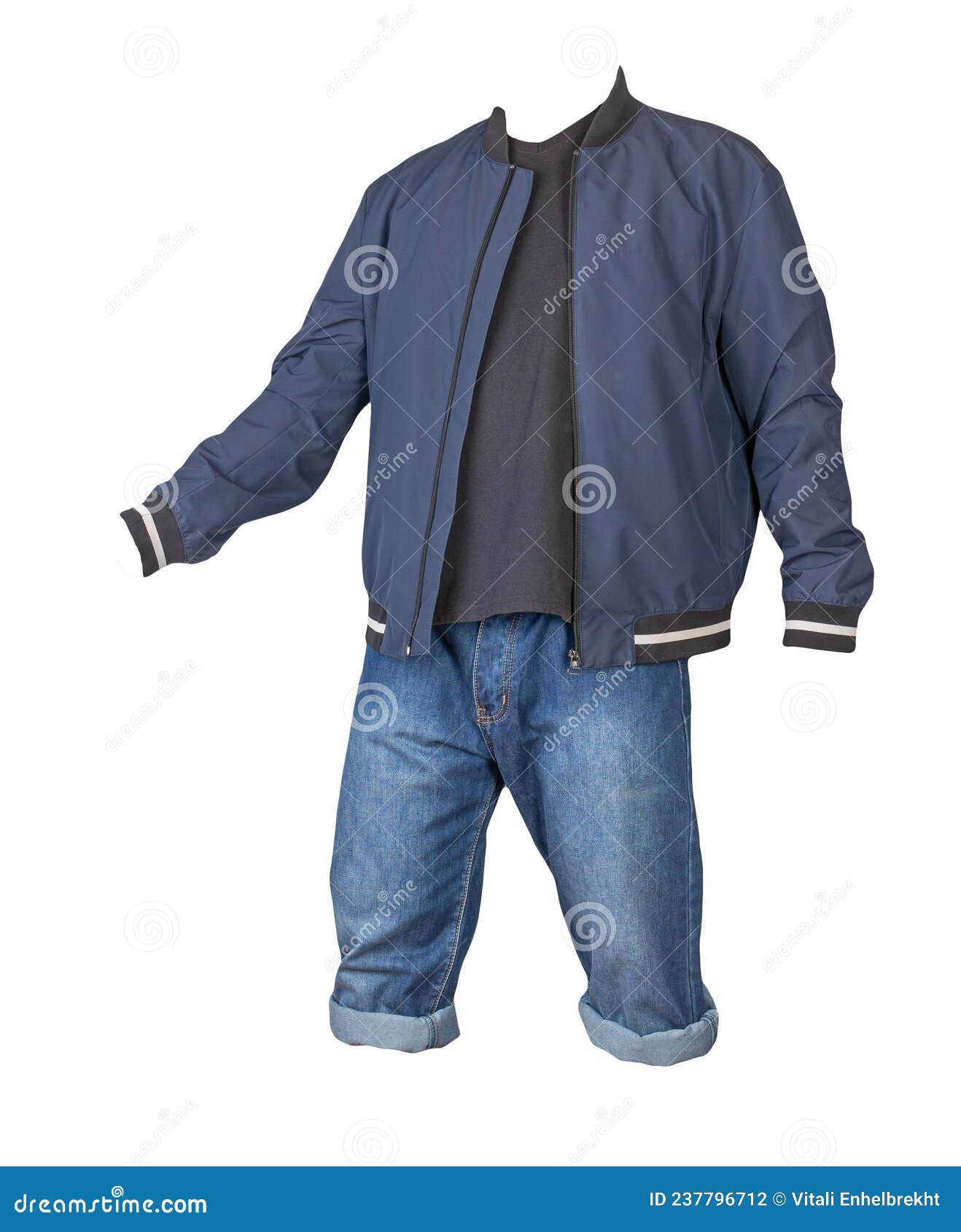 Denim Blue Shorts, T-shirt and Jacket on a Zipper Isolated on White ...