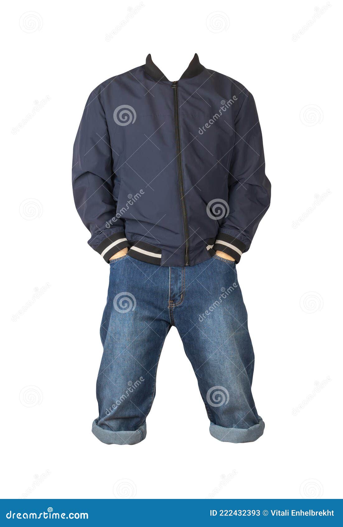 Denim Dark Blue Shorts and Jacket with Zipper Isolated on White ...